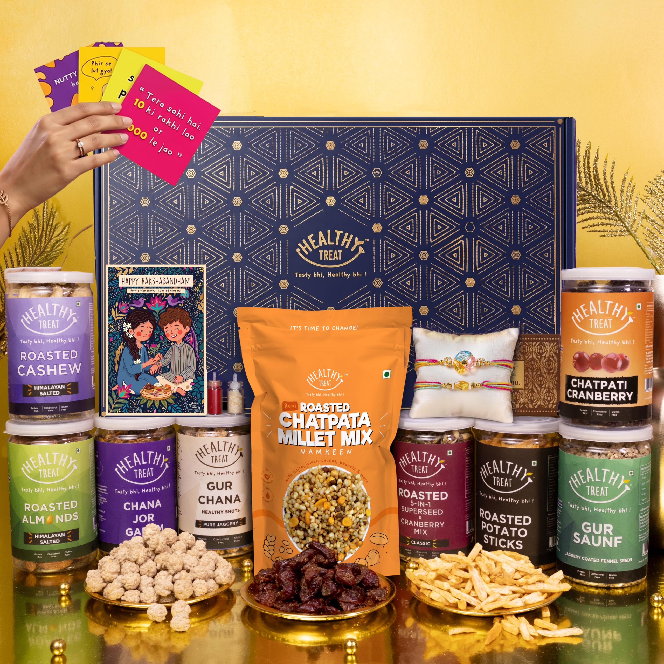 Healthy Treat Grand Rakhi Gift Hamper | Roasted Dry Fruits, Snacks, Berries, A pair of Rakhii, Roli Chawal, Greeting Card, Stickers | Rakhi's gift for Brother and Sister | The Ultimate Assorted Raksha Bandhan Gift Hampers