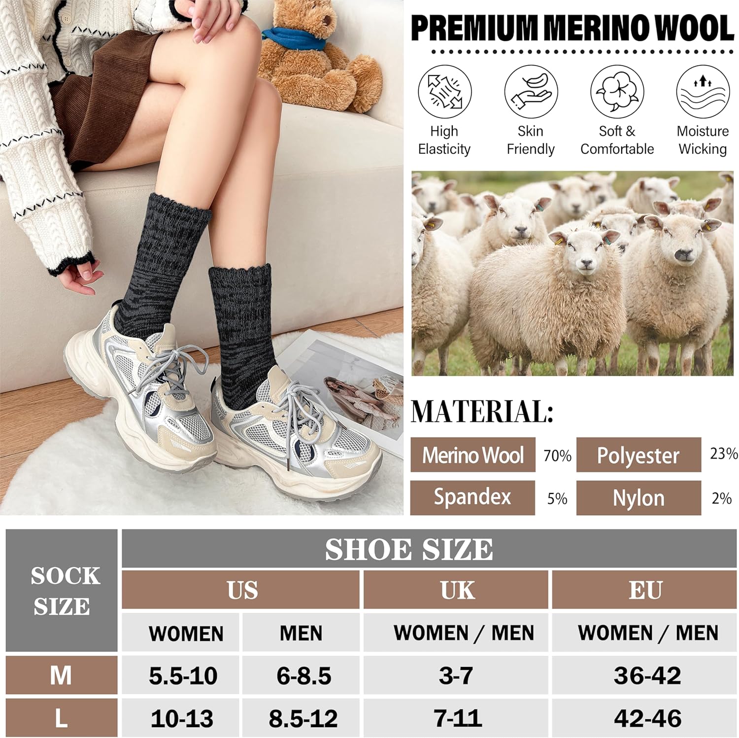 Sandsuced Merino Wool Boot Socks Thermal Warm Thick Winter Cozy Hiking Work Socks for Women Men 3 Pairs - Image 5
