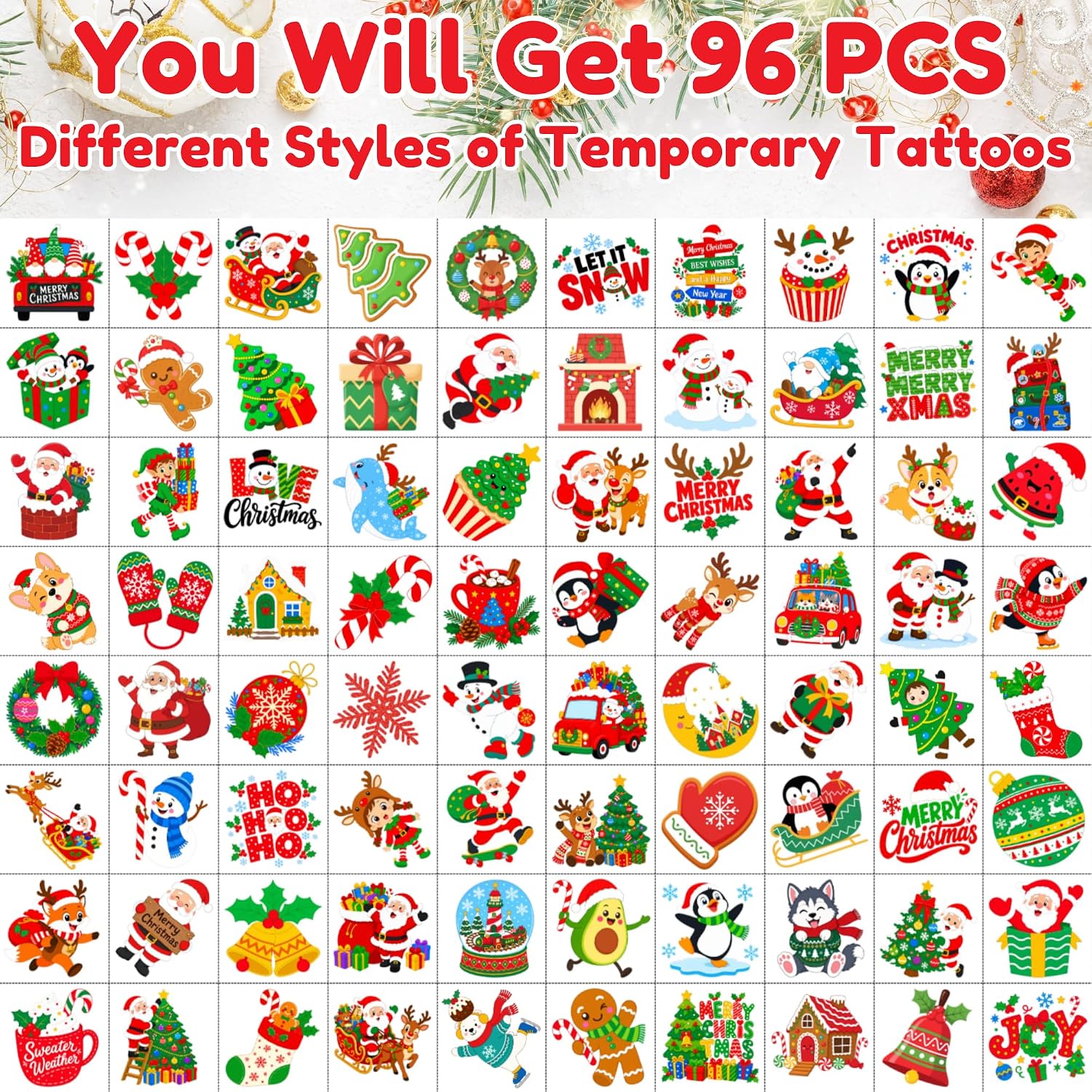 96 PCS Christmas Temporary Tattoos for Kids Stocking Stuffers and Gifts image 3