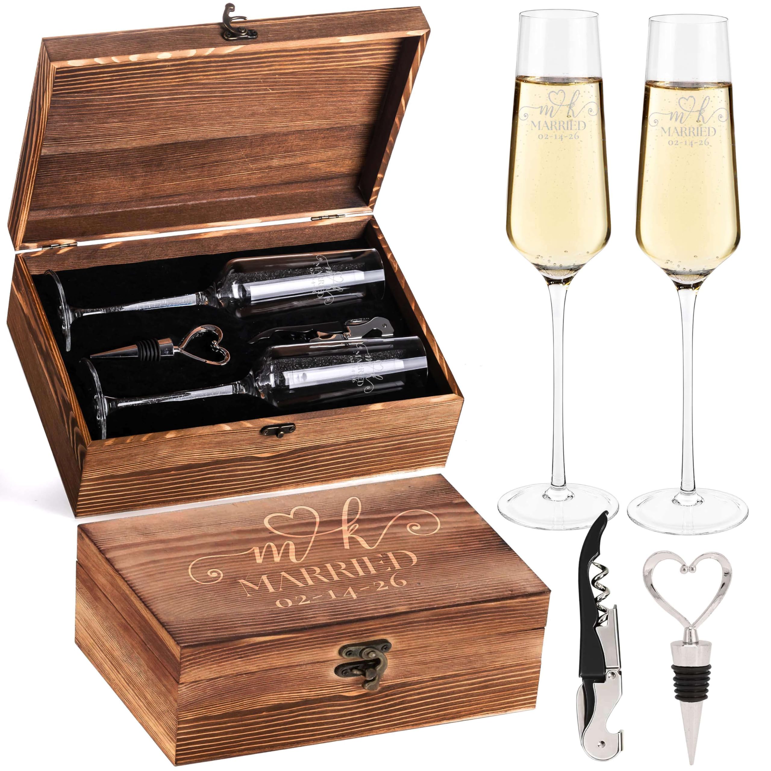 Set of 2 Personalized Married Champagne Flutes, Heart Initials &amp; Wood Box