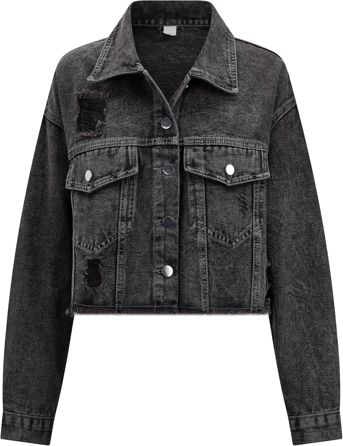 LONGYIDA Women's Cropped Denim Jacket | Distressed Button-Down Jean Jacket | Long Sleeve Ripped & Frayed Blue Coat - Image 5