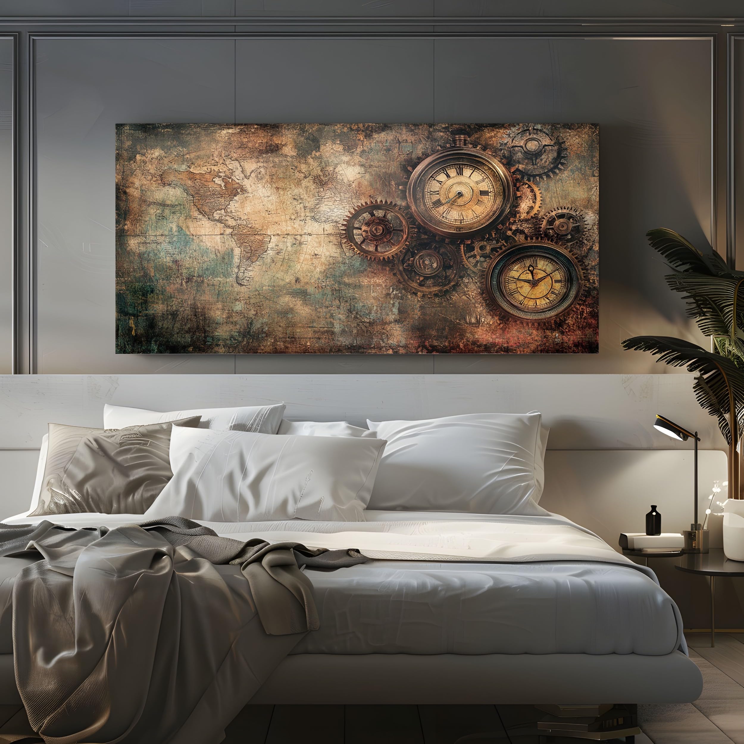 ZORYAN Bilder für die Wand Steampunk Mechanische Leinwandbilder Groß für | Schlafzimmer Nostalgische Karte Wandbild für Wohnzimmer, XXL Kunstdruck auf Leinwand Retro Uhr 80x160cm Wanddeko Kunst