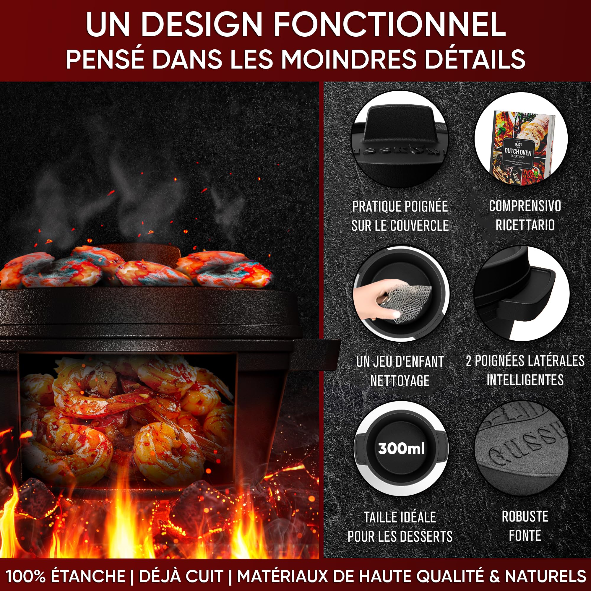 GUSSKÖNIG Ensemble Mini Dutch Oven - 4 Cocottes en Fonte 300 ml avec Couvercle - Cocotte Individuelle pour Barbecue (4 Pièces)
