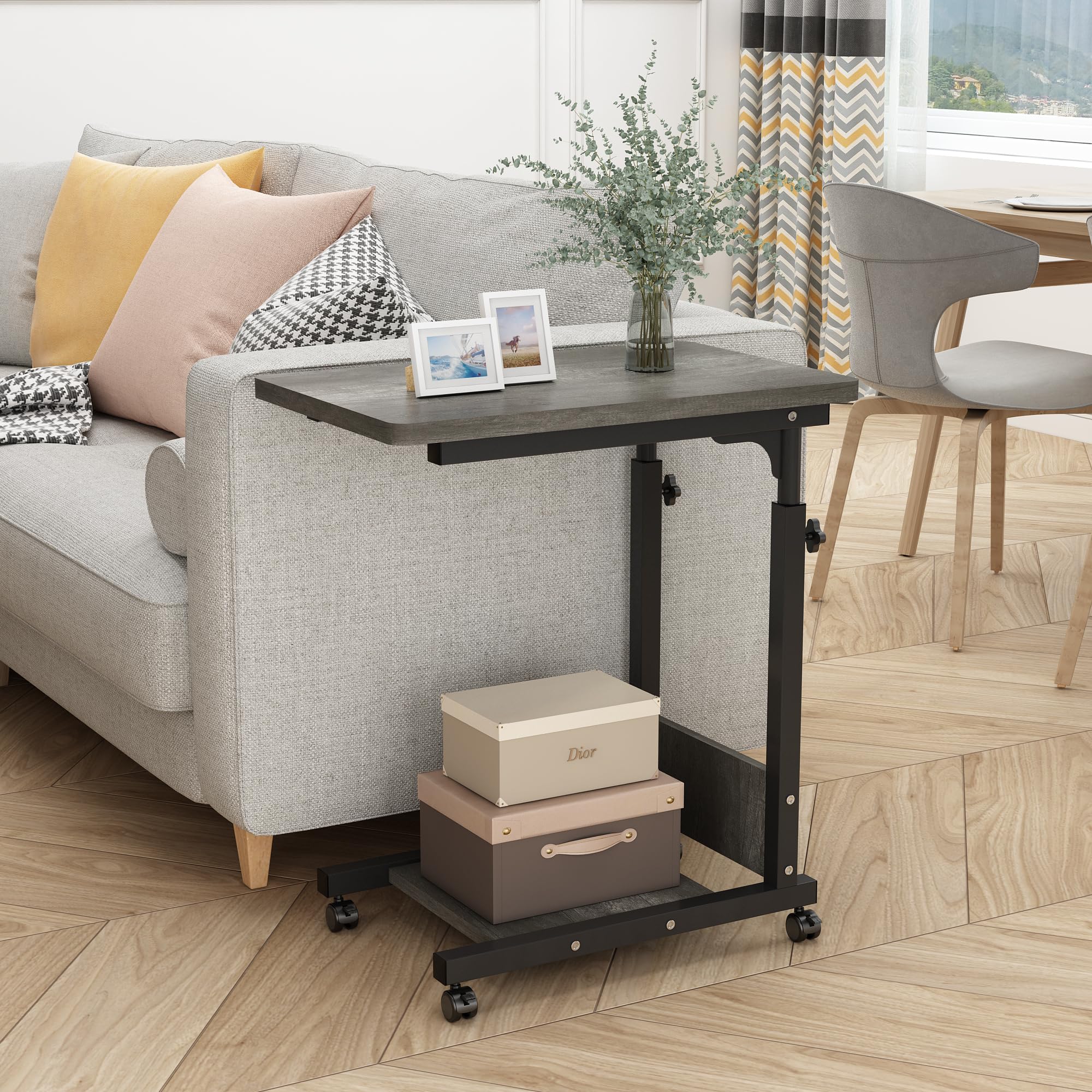 LingMi Adjustable C Table Sofa Side Bedside Table, Hospital Bed Table Rolling Tray with Storage, Mobile Computer Desk Laptop Table with Wheels for Home Use(Grey)