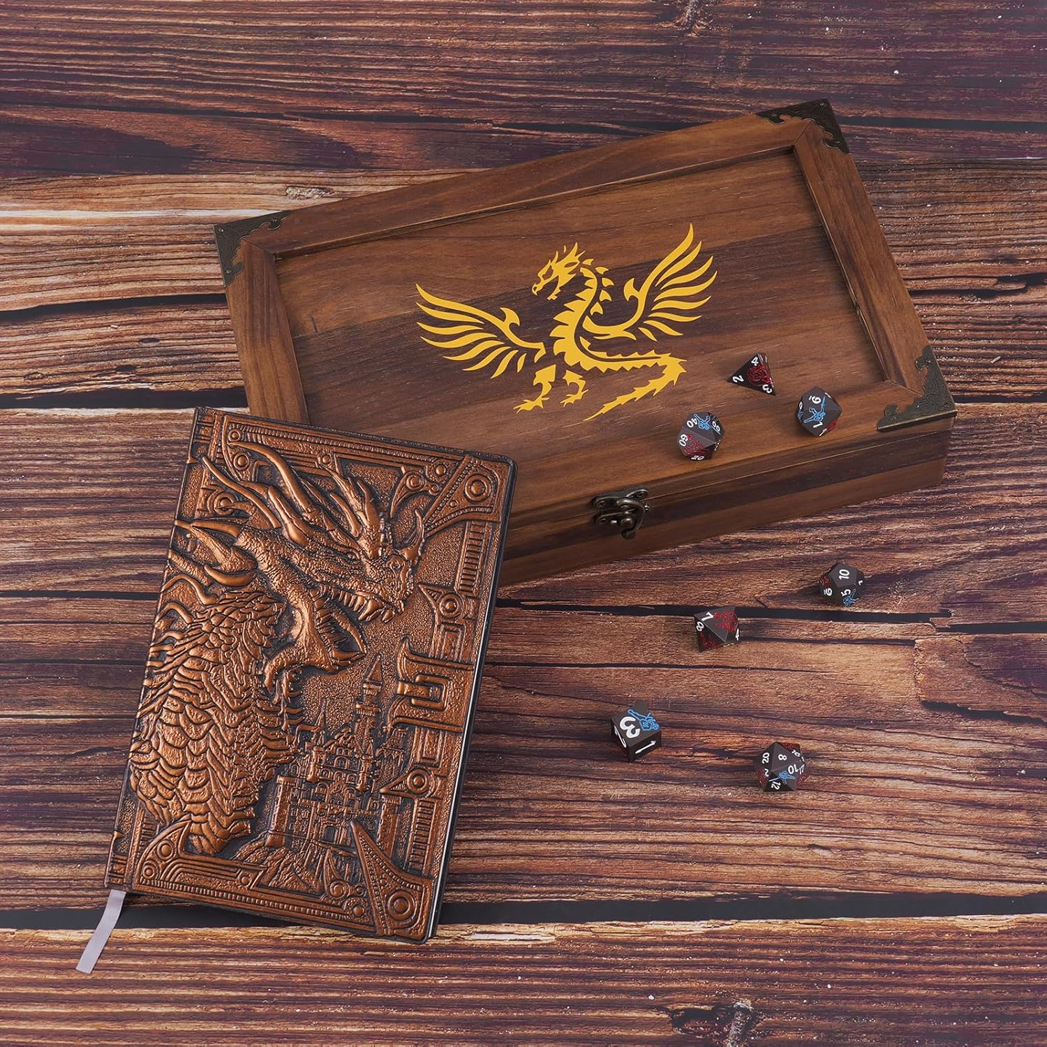 2 In 1 Dnd Dice Box Metal Dice Wooden Box with DND Notebook For Rolling & Storage Organizer RPG Table Games Dice Tray Dungeons & Dragons Players Or Metal Polyhedral Dice Collectors Case(Flame)