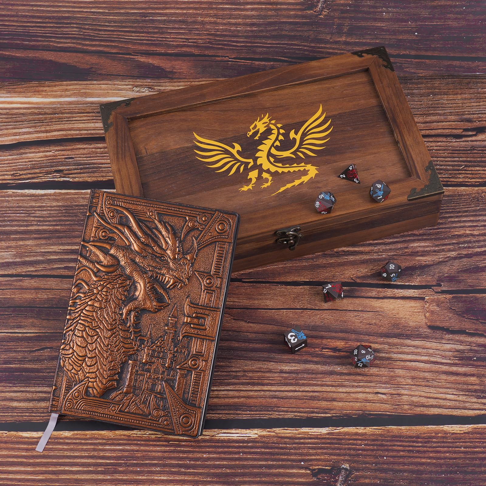 2-in-1-Würfelbox aus Metall mit DND-Notizbuch zum Rollen und Aufbewahren, Organizer für RPG-Tischspiele, Würfeltablett, Dungeons & Dragons, Spieler oder polyedrische Würfelsammlerbox aus Metall