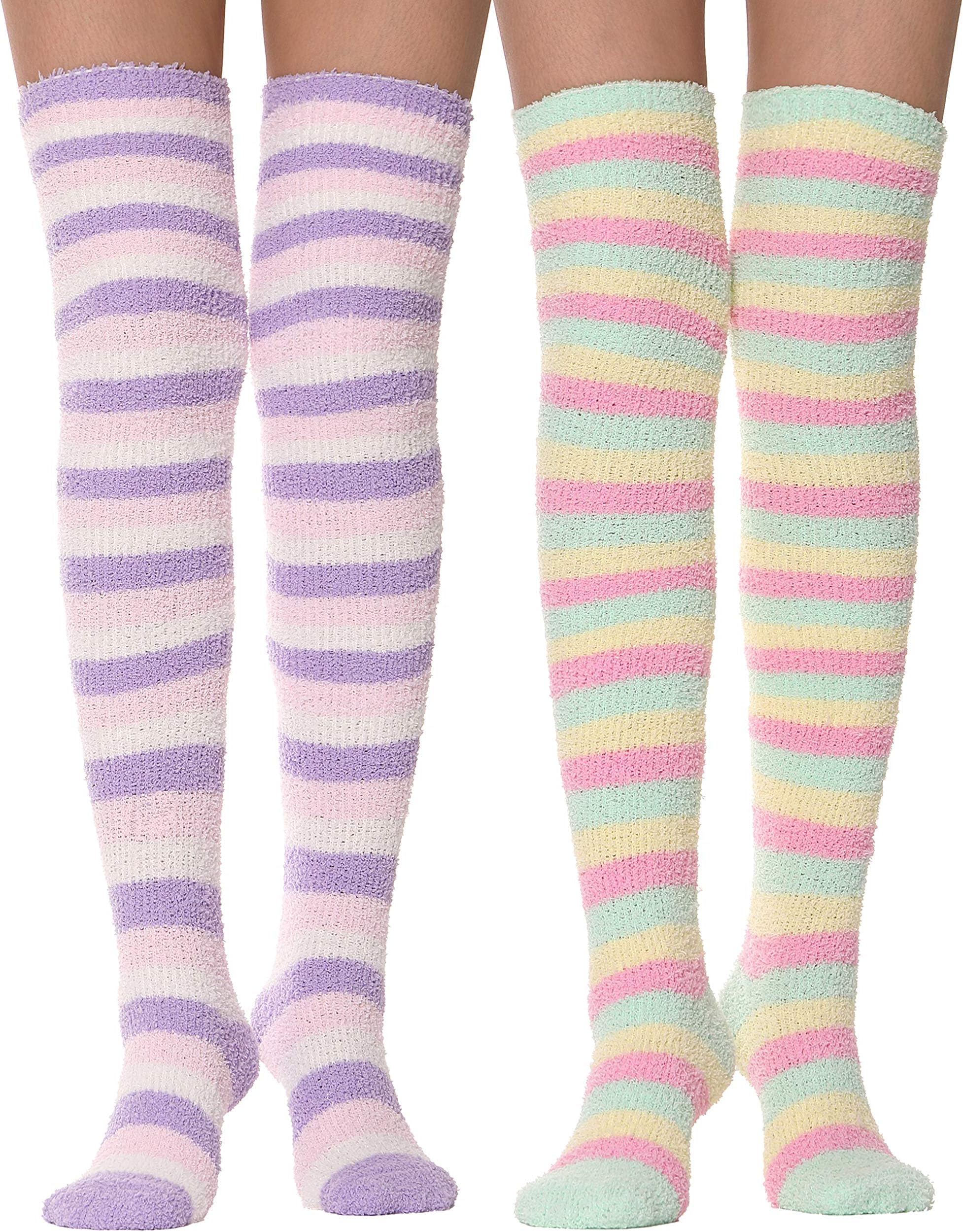 MOGGEI Girls Womens Over Knee High Fuzzy Socks Stockings Fluffy Soft Warm Cozy Cute Long Winter Christmas Socks 2 Pairs (Stripes 2)