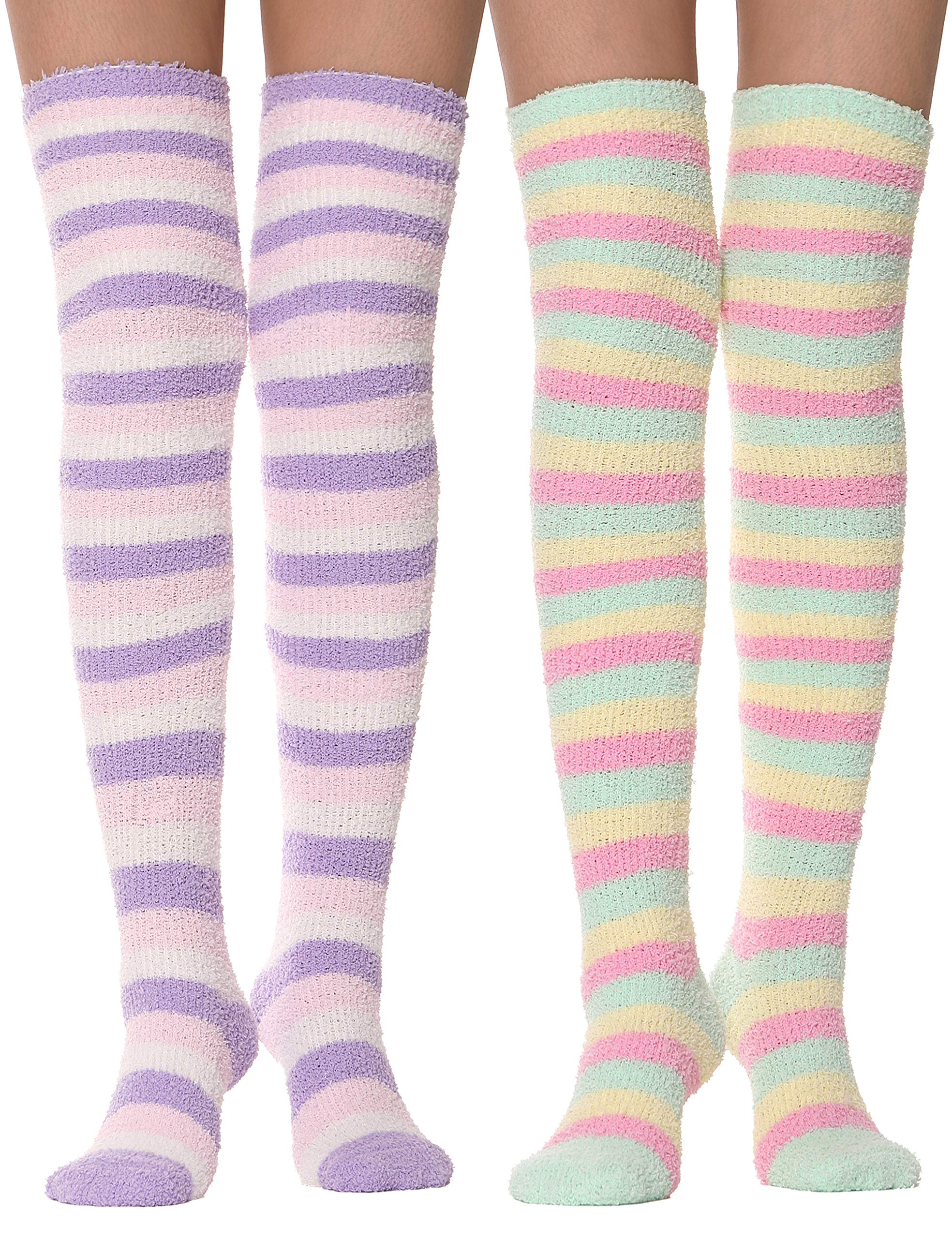 MOGGEI Girls Womens Over Knee High Fuzzy Socks Stockings Fluffy Soft Warm Cozy Cute Long Winter Christmas Socks 2 Pairs (Stripes 2)