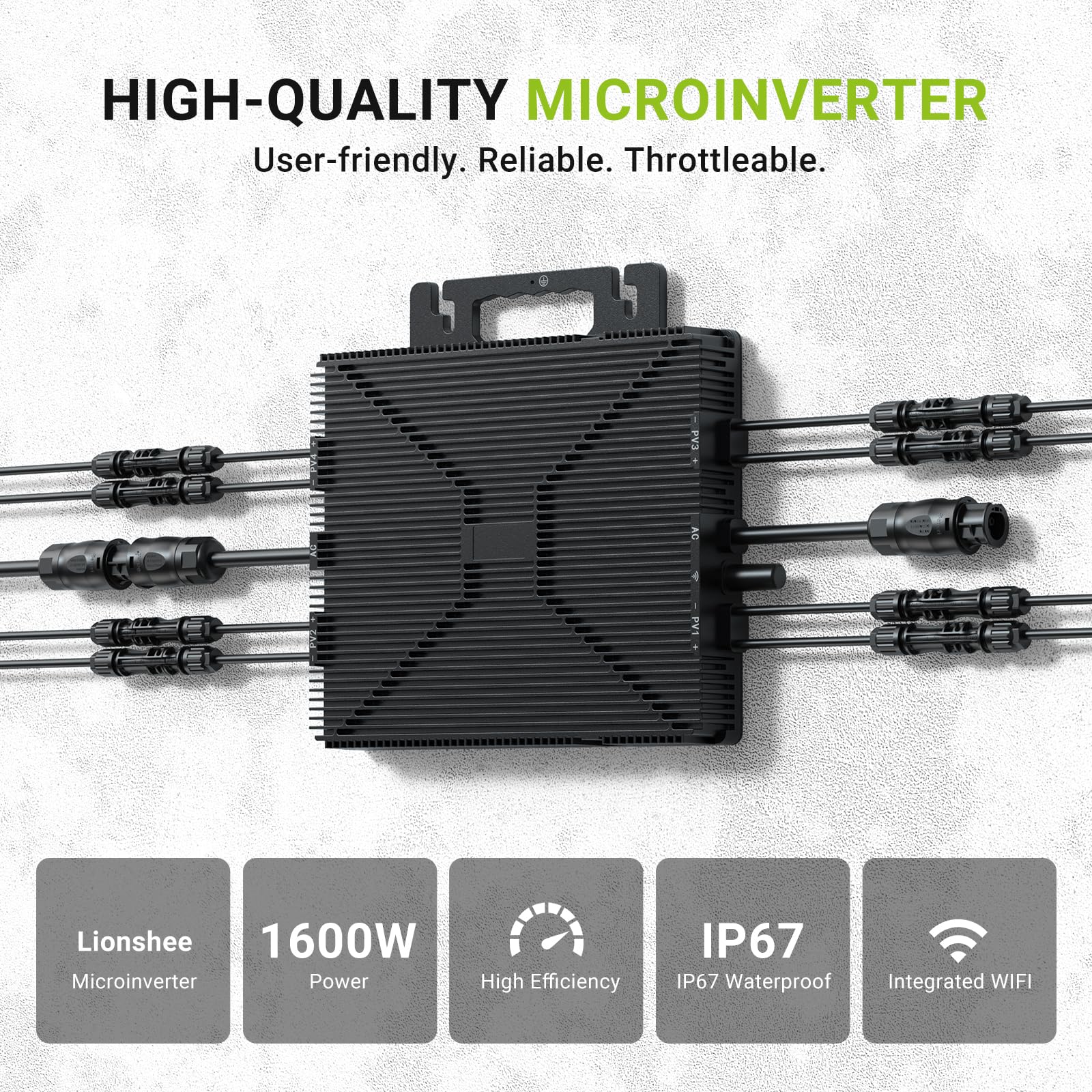 Balkonkraftwerk Wechselrichter 1600W, intelligenter Mikrowechselrichter mit WLAN & Bluetooth, Fernüberwachung per App, integriertes MPPT, IP67 wasserdicht sowie (1600W+5m KABLE)