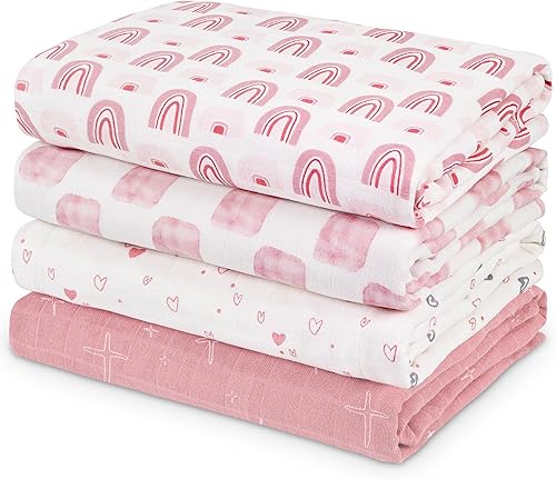 Mantas de muselina para recién nacido, paquete de 4 mantas de bebé de algodón orgánico, grandes, 31.5 x 43.3 pulgadas, transpirables, suaves, para