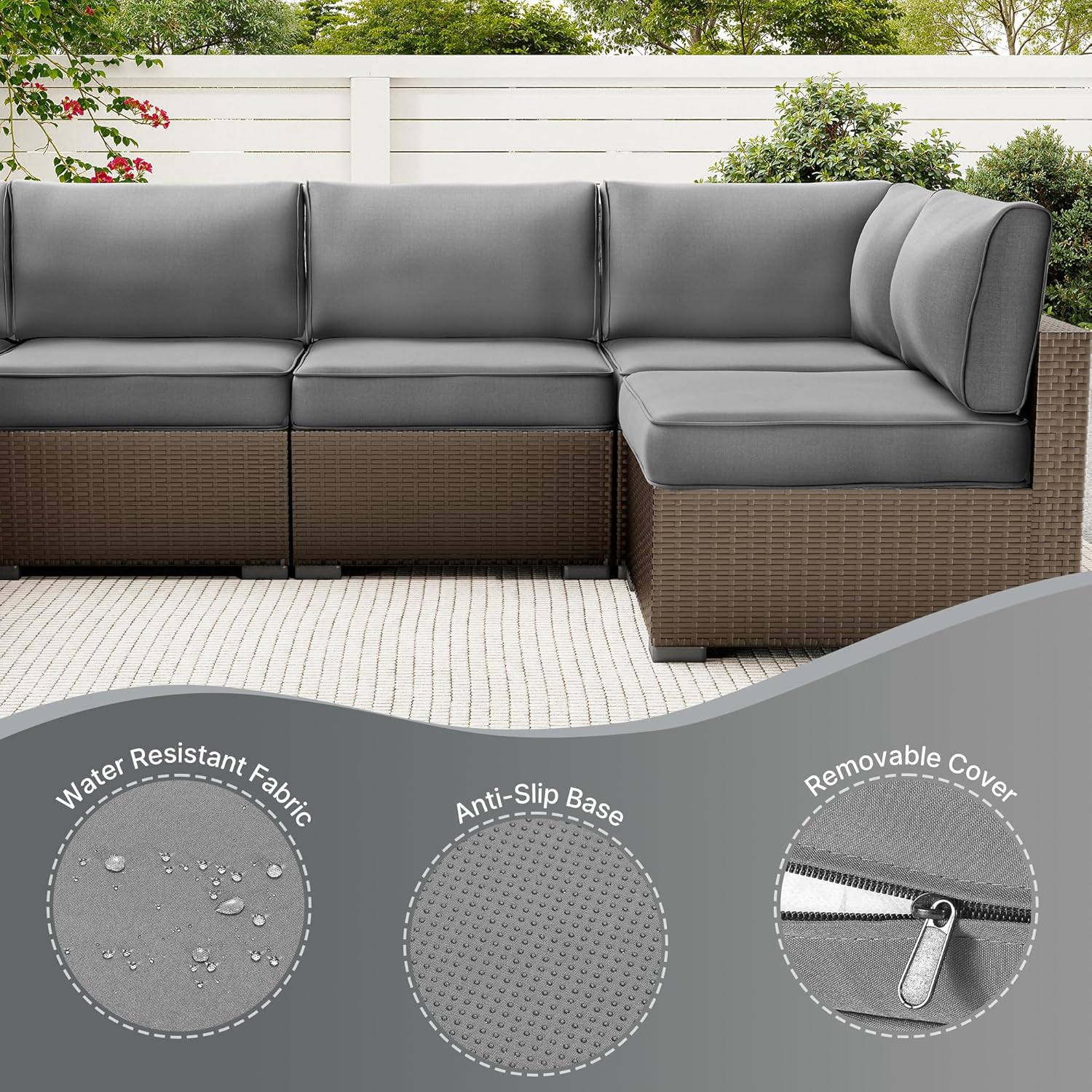 SUNCOZE 14-Piece Outdoor Cushions for Patio Furniture, 25.6"x25.6" Couch Cushion Replacement Designed for 6-Seat Sectional Sofa Sets, Anti-Slip Patio Cushions for Garden, Backyard, Porch (Grey)