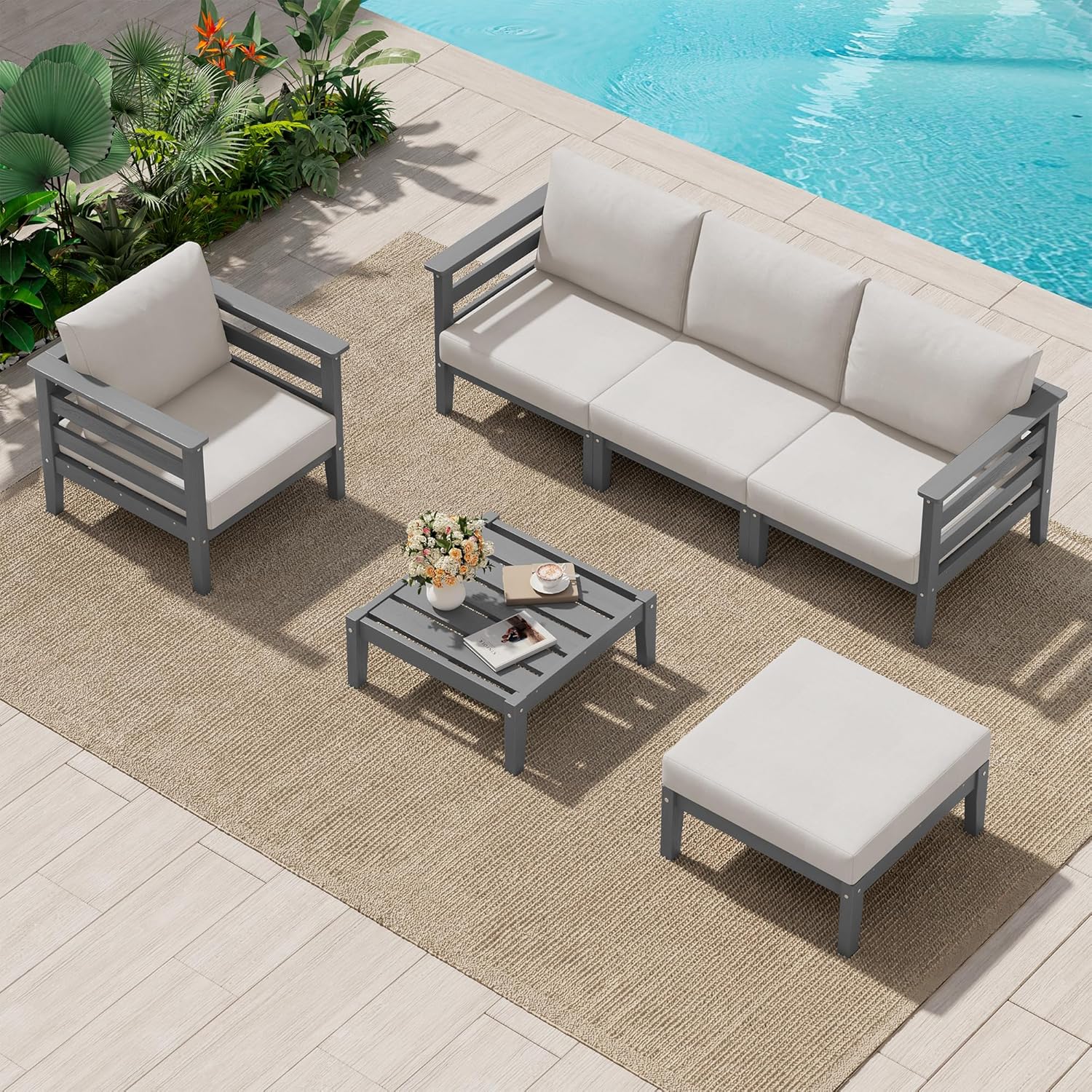 SERWALL HDPE Patio Furniture Set, 6 Pieces Outdoor Sectional Sofa Set, All-Weather Wood-Like Outdoor Sofa Couch with Coffee Table for Deck, Lawn, Grey Frame with Khaki Cushion