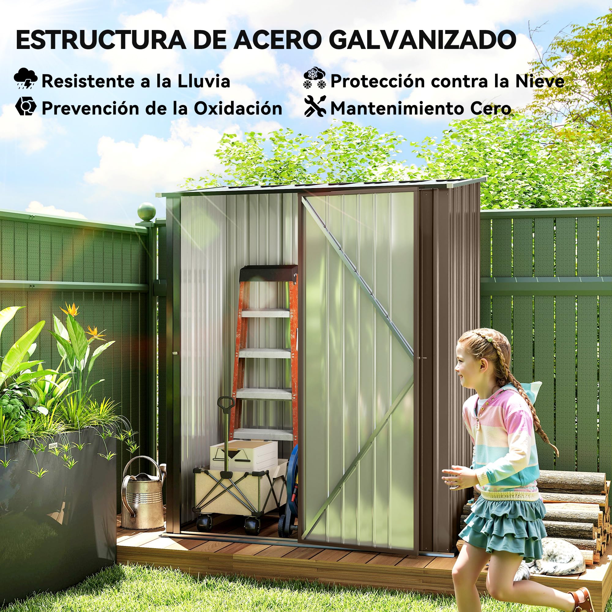 Outsunny Cobertizo de Jardín Exterior 1,34 m² 161,5x94,5x196 cm Caseta de Jardín Exterior Metálica con 1 Puerta y Cerradura para Almacenamiento de Herramientas para Patio Terraza Marrón