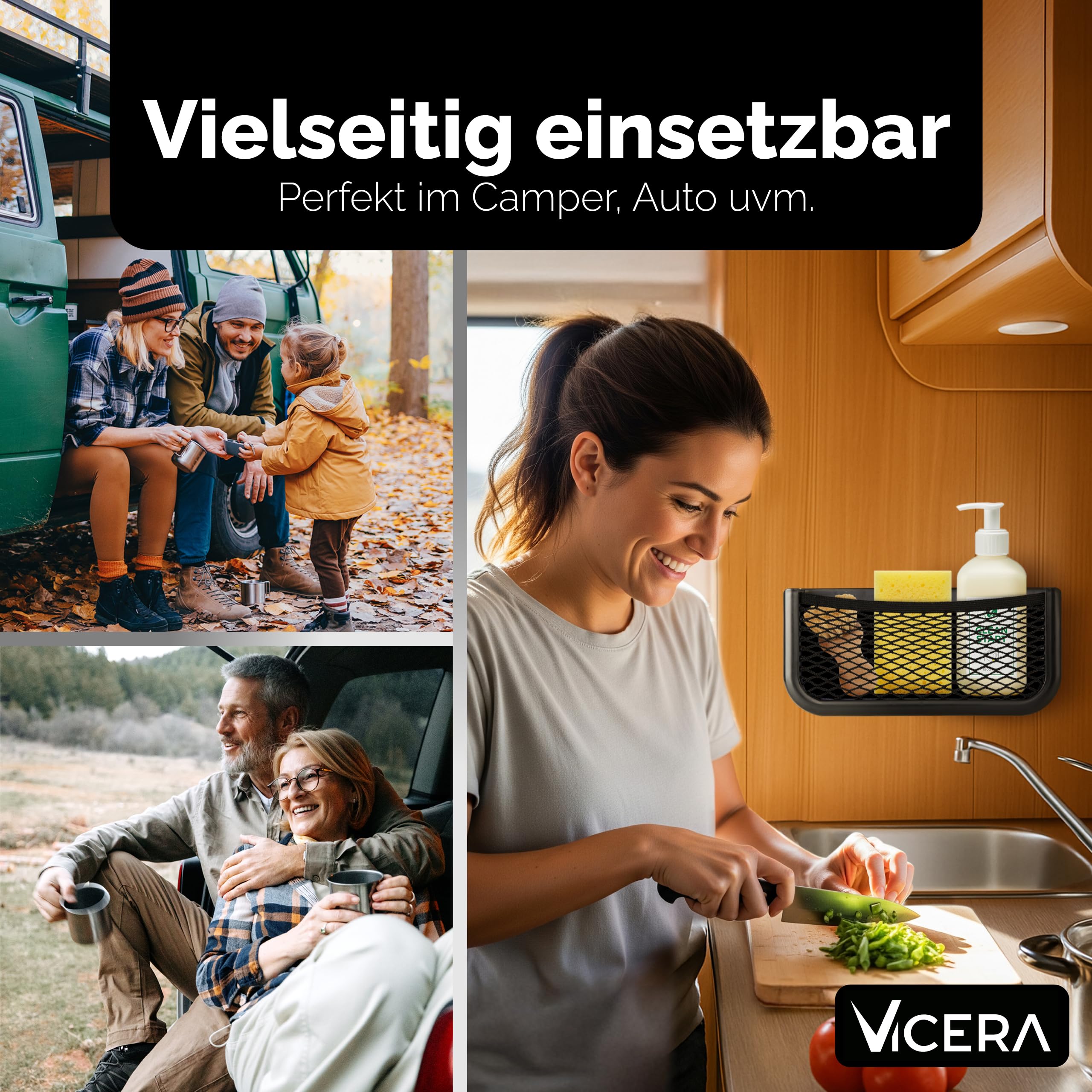 Vicera Ablagenetz für Camper und Wohnmobile 2er Set - Aufbewahrungsnetz aus robustem Kunststoff und elastischem Netz - Montagematerial inlusive