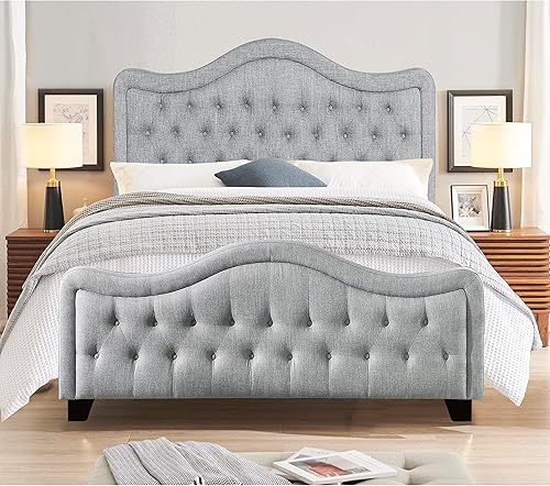 Miniatura 29 de Rosevera Turin Linen - Cama tapizada con paneles y cabecero capitonado con botones ajustables para dormitorio, tamaño Queen, color gris