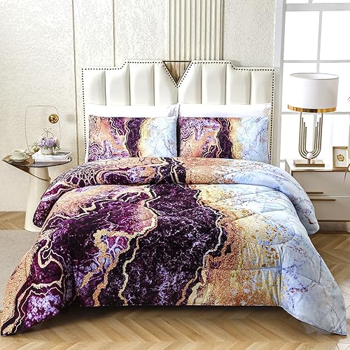 Miniatura 2 de AO AOAOWAY - Juego de edredón de mármol azul tamaño queen, 3 piezas (1 edredón + 2 fundas de almohada), diseño de acuarela de lava volcánica,