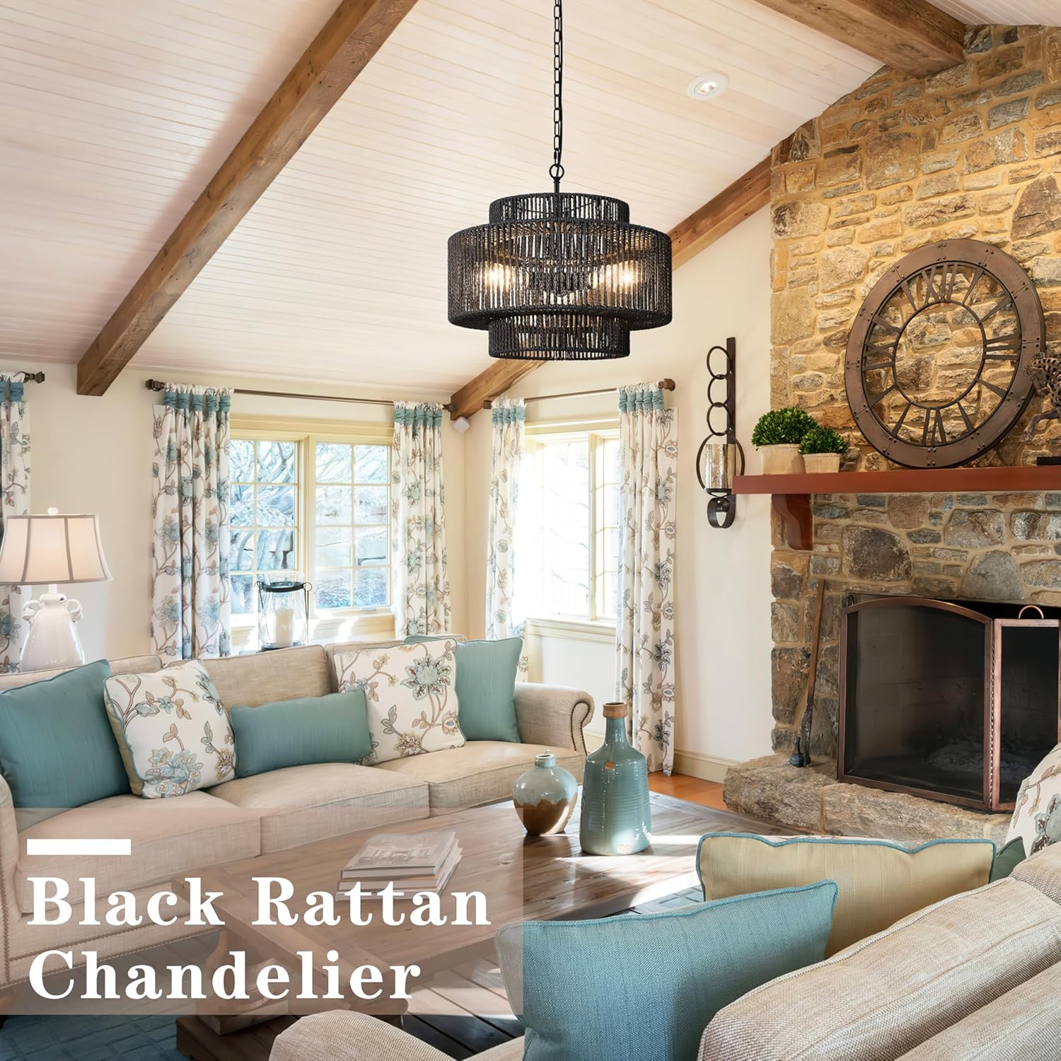 18" Rattan Pendant Lights Black Hand-Woven Rattan Chandelier 3-Light Woven Pendant Light 3-Tier Wicker Pendant Lights Rustic Light Fixtures Boho Chandelier for Dining Room Kitchen Island