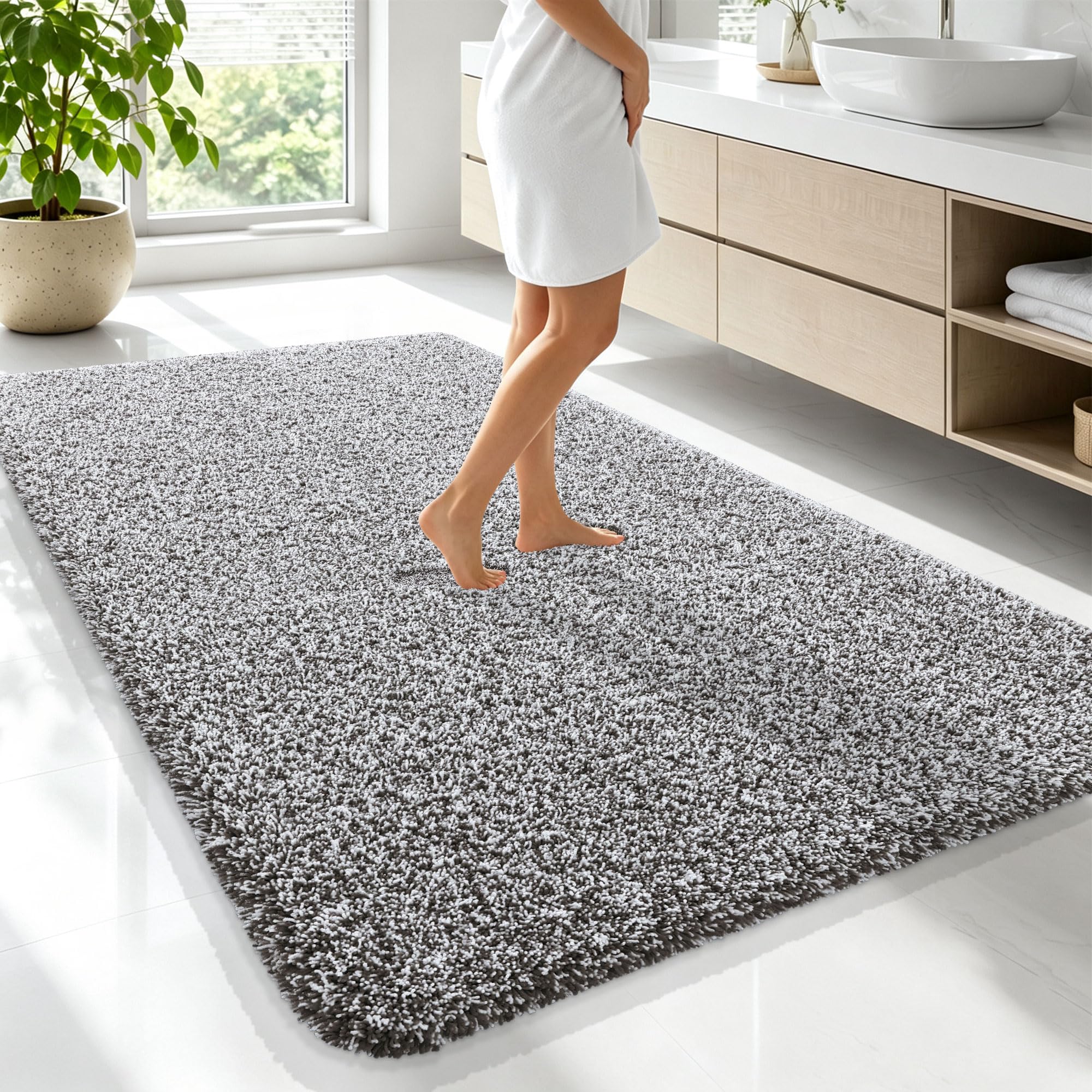 OLANLY Microfiber Bathroom Rugs 70x46, Quick Dry Mat, Dark Brown and White