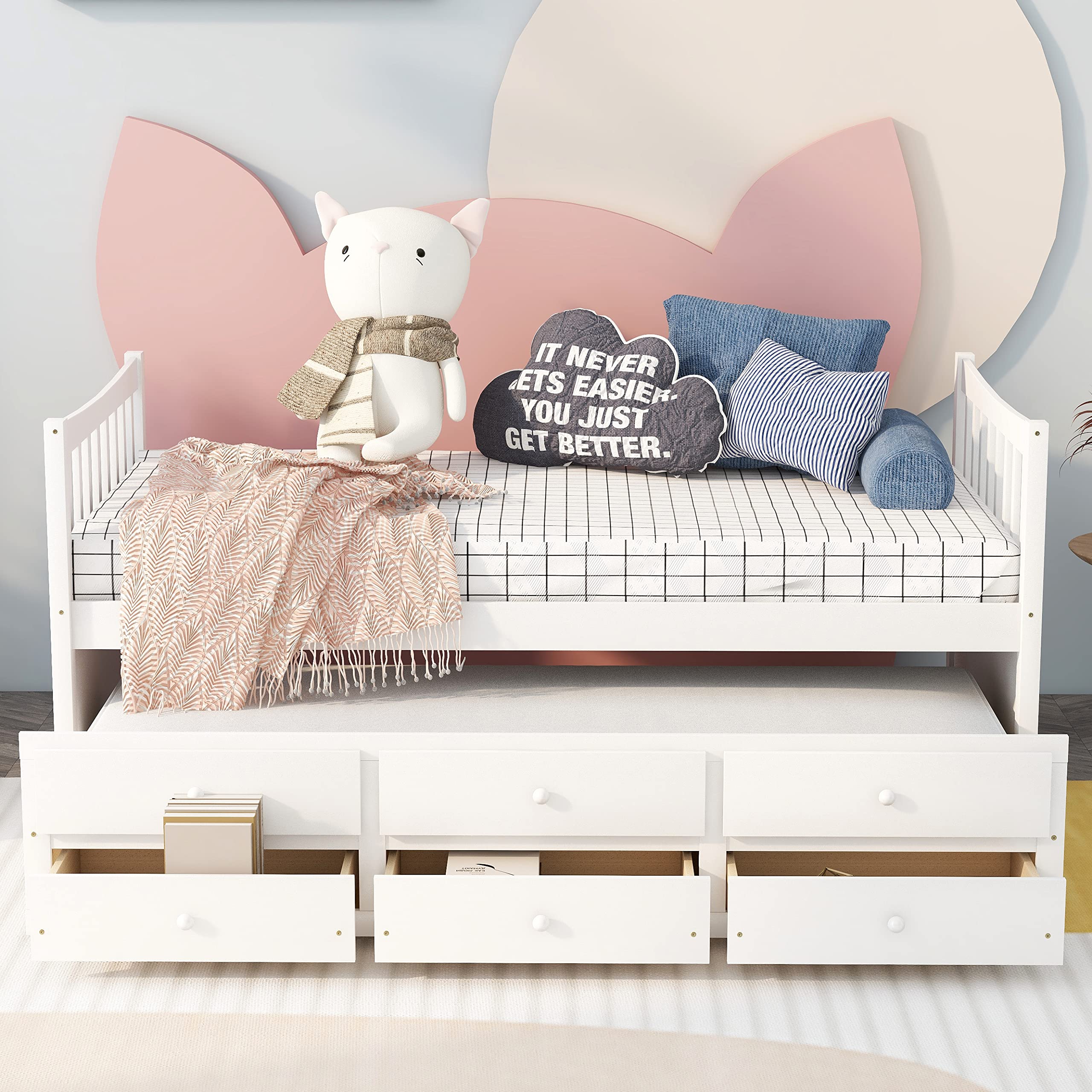 Twin Daybed with Trundle and Storage Drawers ,Wood Twin Captain's Bed