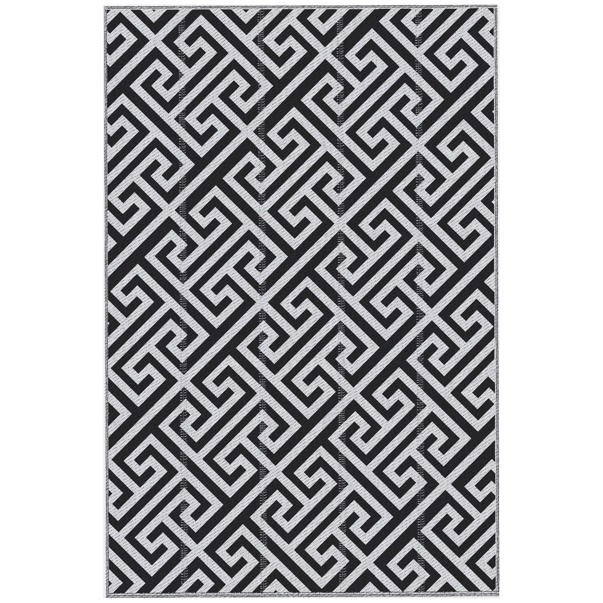 Outsunny Alfombra de Exterior 182x274 cm Alfombra Reversible con Patrón Geométrico Impermeable para Terraza Balcón Patio Camping Playa Blanco y Negro