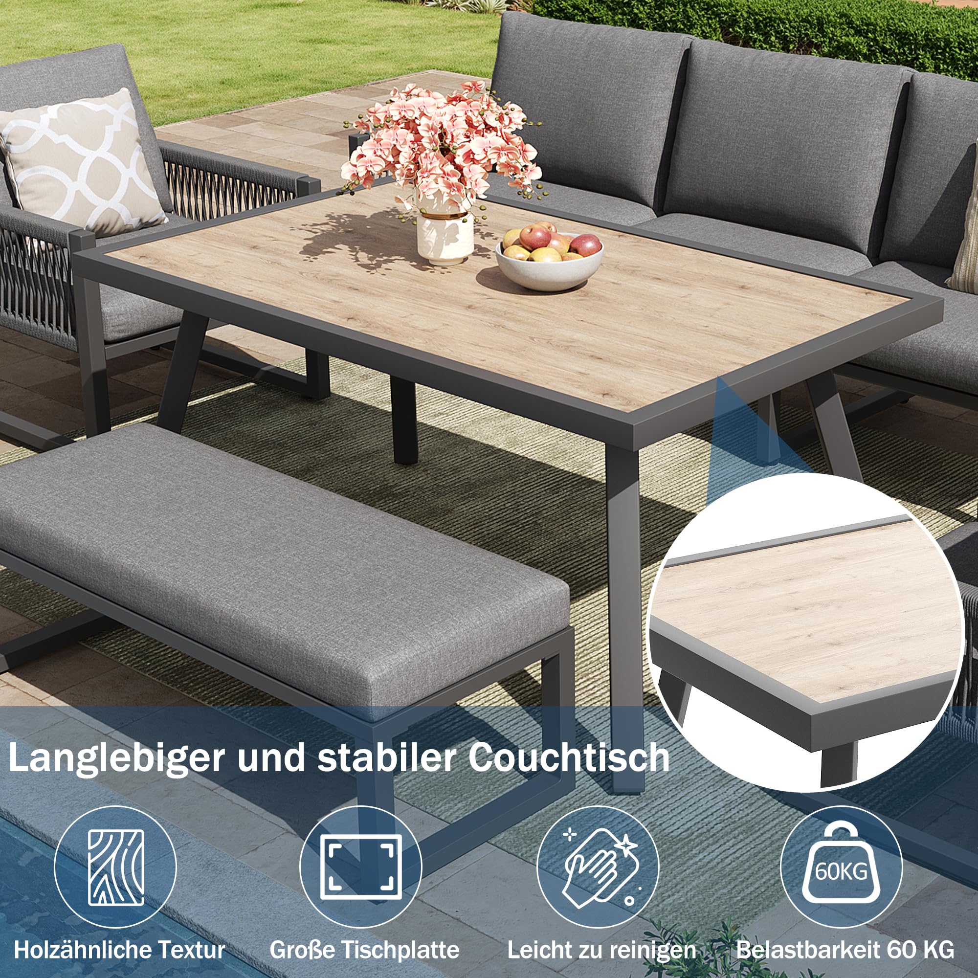 Idemon Gartenmöbel Set Outdoor Sofa 6-7 Sitzer, Gartenlounge-Set für Balkon Terrasse, Gartensofa mit großem Esstisch, Hochwertigen Sitzkissen & Rückenkissen, Wetterfestes Terrassen Sofa Set