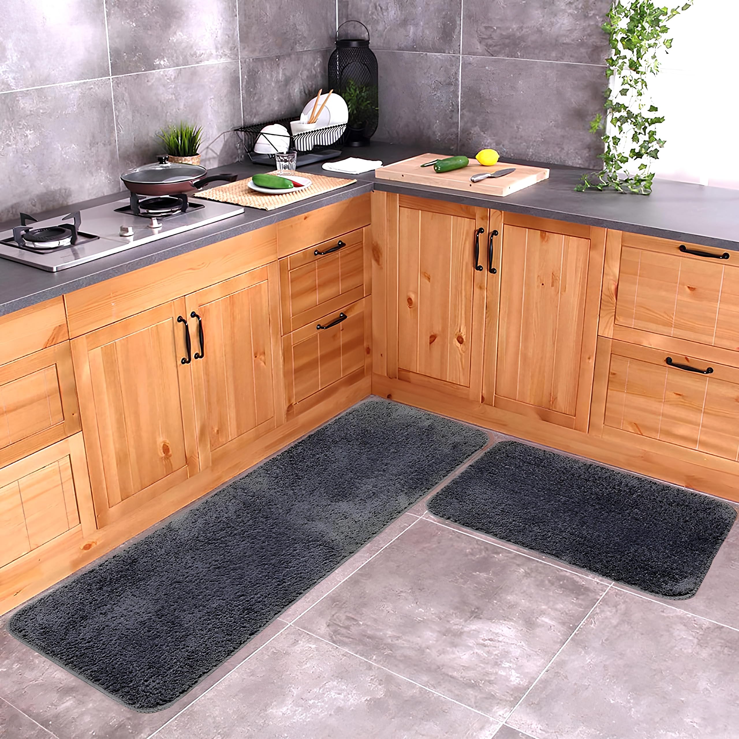 SKIVE Microfiber Kitchen Mat Super Soft 1 Runner 1 mat with Anti Skid Backing, Grey (40 x 120 & 40 x 60 cm) Set of 2