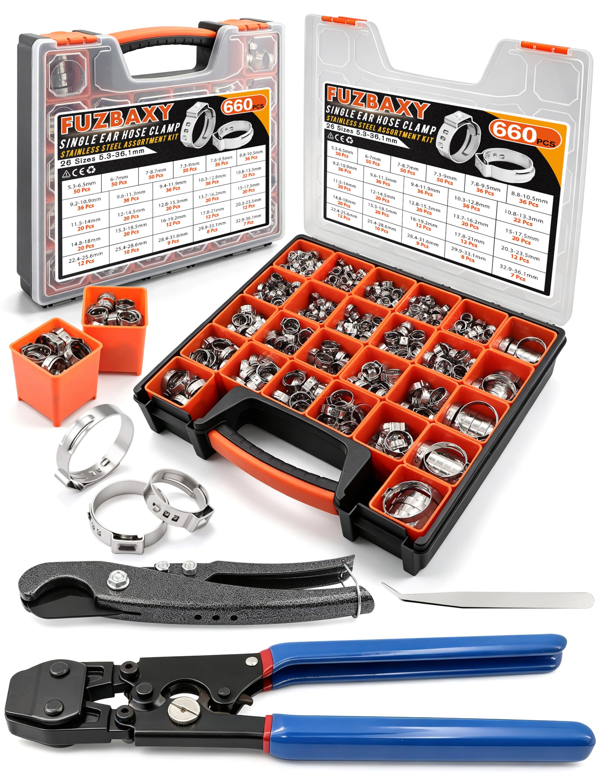 660PCS Stepless Single Ear Hose Clamps Kit with Ratchet Crimp Clamp Tool
