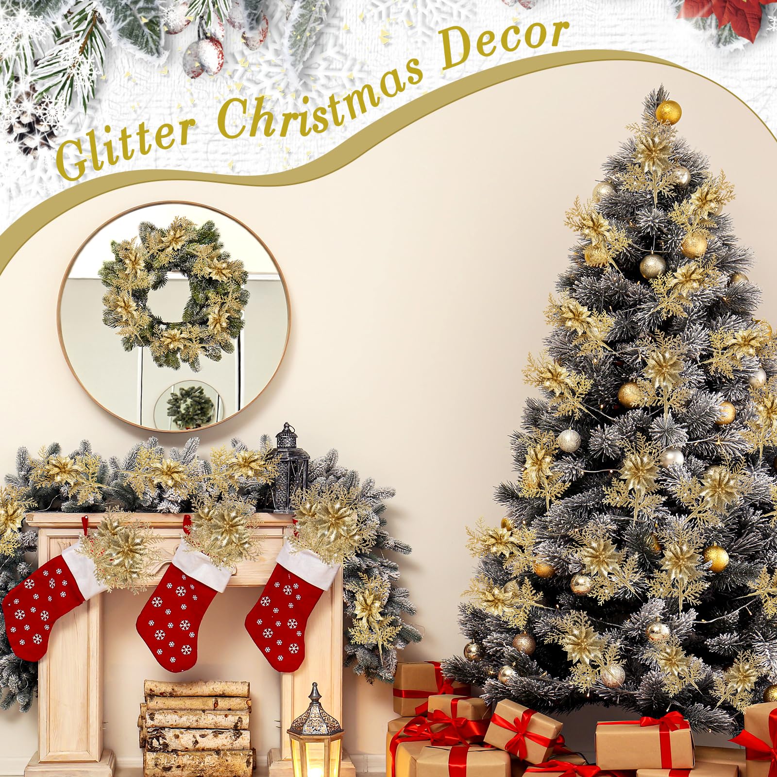 Thiccywoov Künstliche Weihnachtssterne mit Clips, 26,7 cm, künstliche Blumenzweige, Tannenstiel, künstliche Zweige für Girlande, Kranz, Haus, Garten, goldfarben, 12 Stück