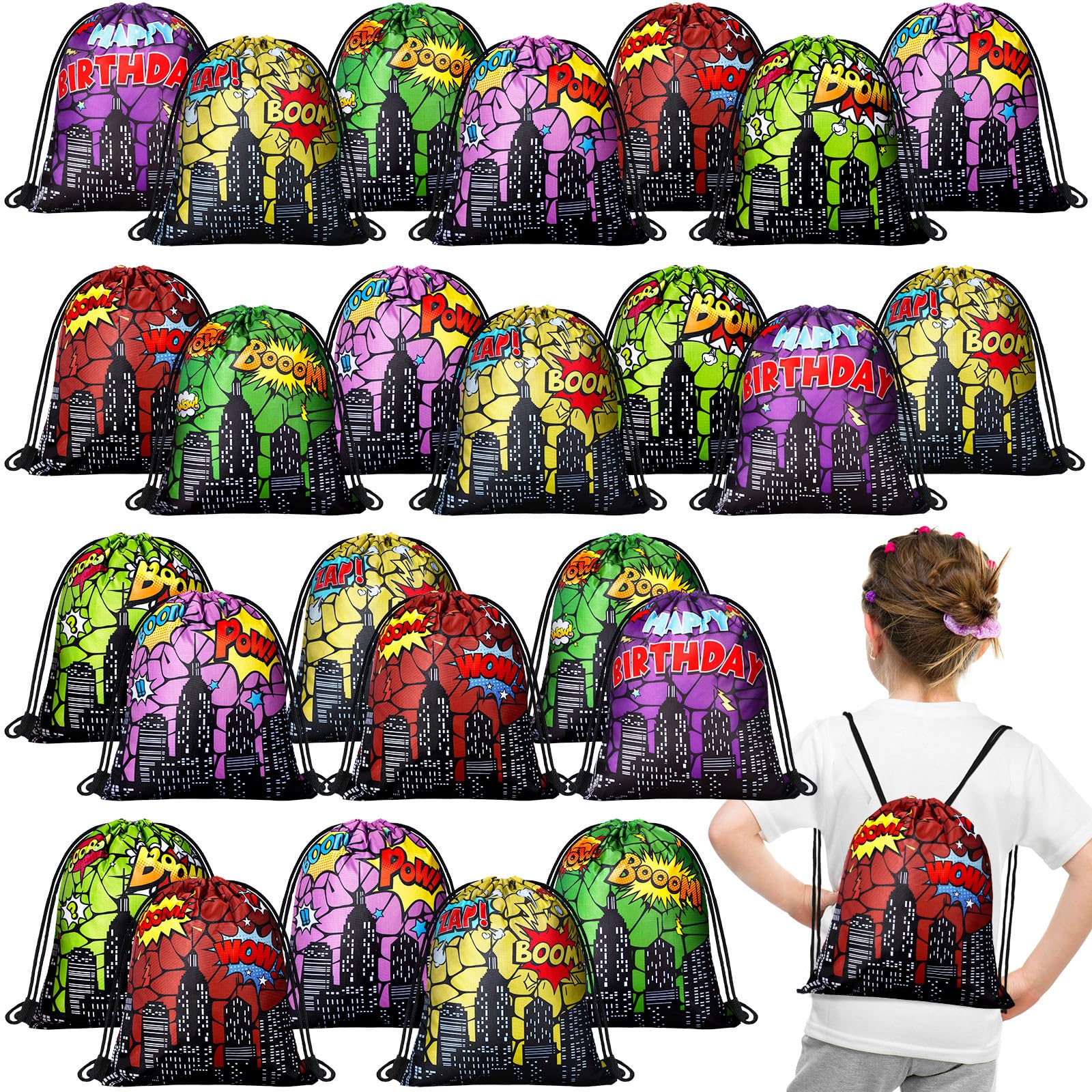 Lothee 30 Pcs Hero Party Favor Bags Hero Birthday Party Decorations Gift Treat Goodie Candy Backpack Drawstring Bag (Heroic Style)