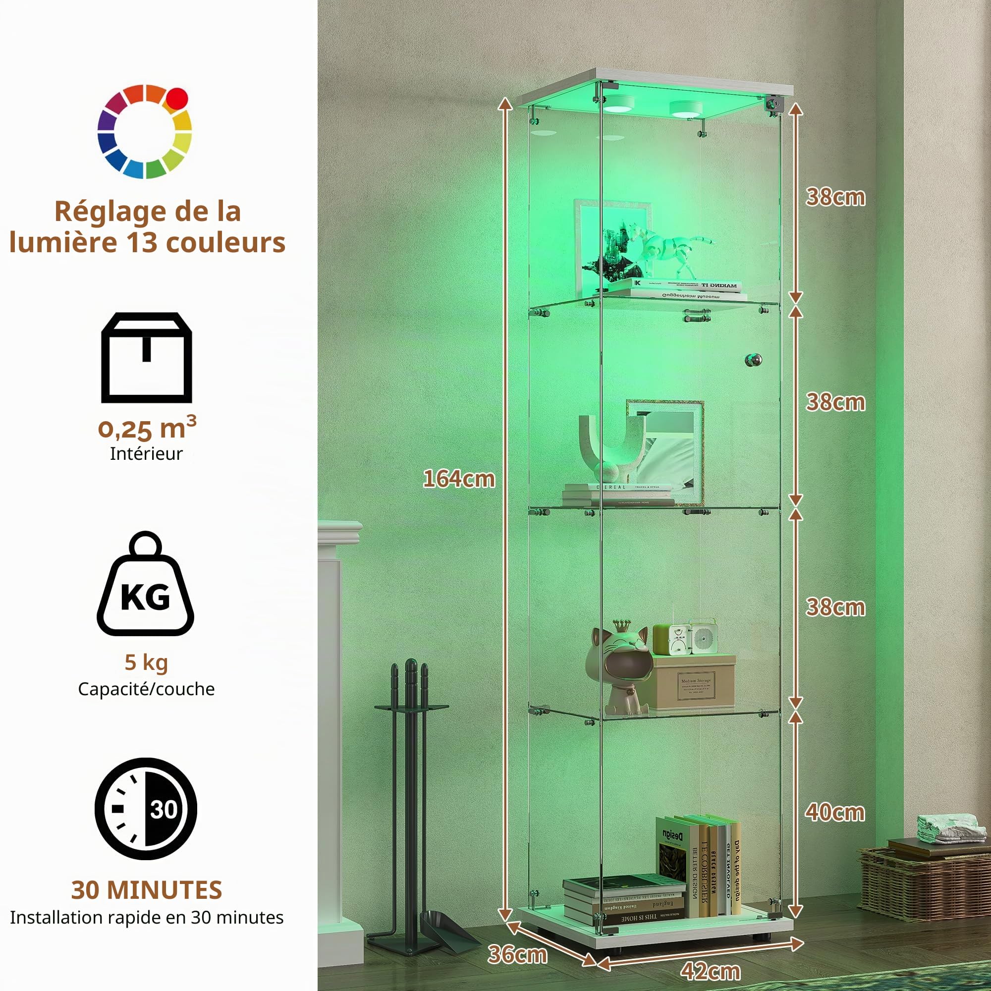 Vitrine en Verre avec LED,Armoire Vitrine pour Collection,1 Portes à Serrure,4 Étagères Adjustables, 164x42x36cm, Blanc