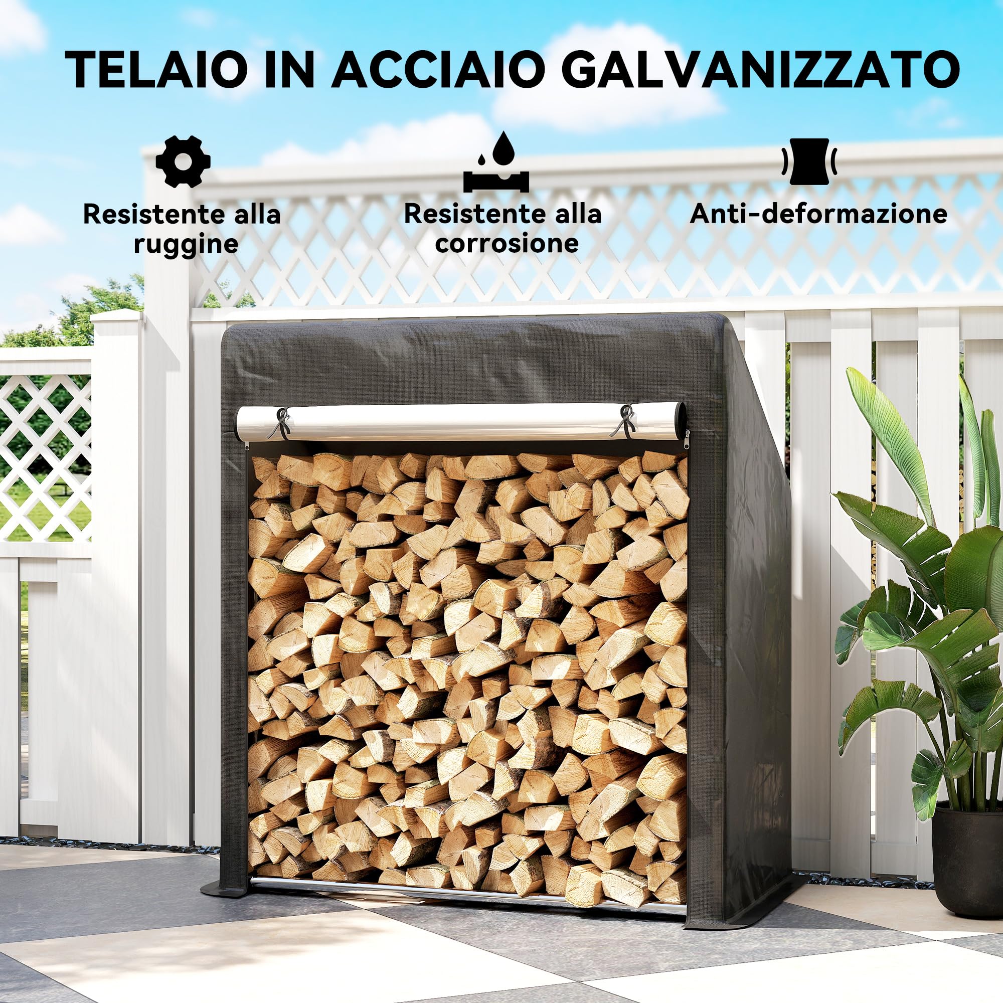 Outsunny Legnaia da Esterno in Acciaio Rinforzato, Portalegna Impermeabile 100x60x110 cm Nero Argento