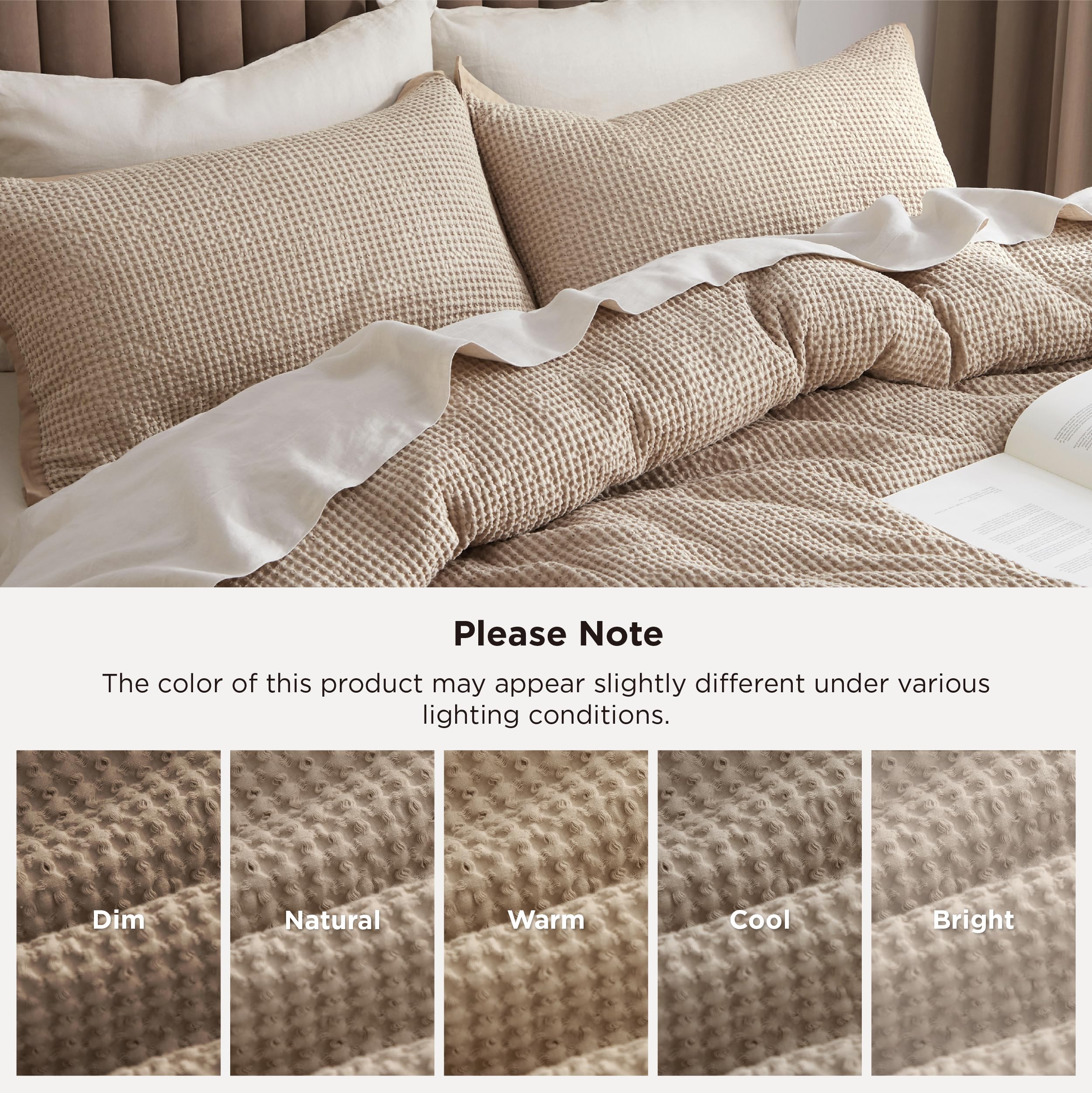 Juego para cama con funda de edredón con tejido tipo waffle, 100% algodón, 3 piezas de edredón de lujo, juegos de cama de color liso suave y transpirable para todas las estaciones 5