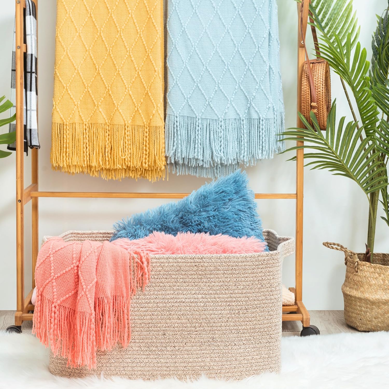 MINTWOOD Design 22in Extra Large Blanket Basket Holder Living Room, Rectangle Rope Woven Storage Basket with Handles for Laundry, Pool Towels, and Shoes, Dog Toy Organizer Bin Box, Oatmeal Brown - Image 2