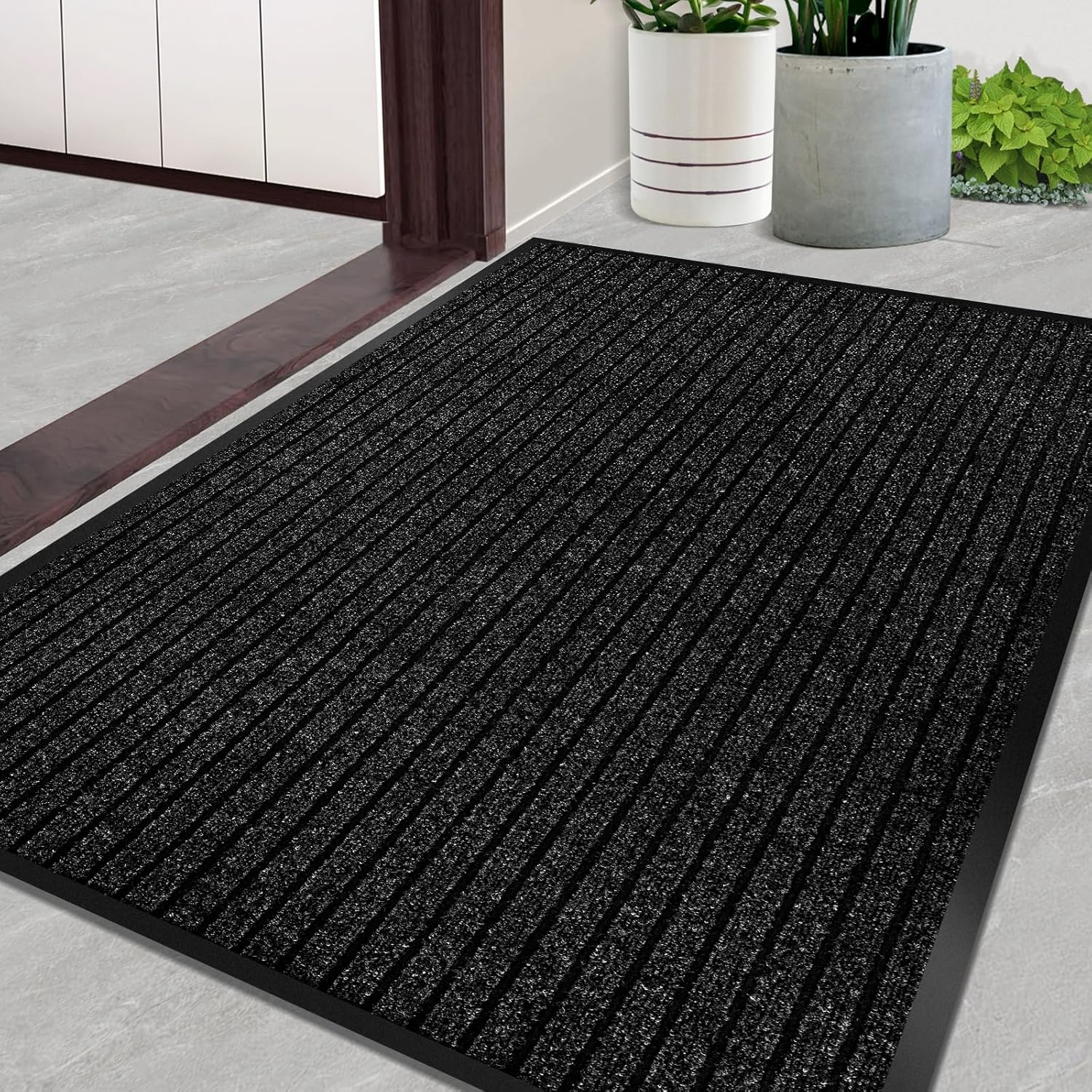 Door Mat Heavy Duty Outdoor Indoor Doormat Low Profile Front Door Mat Large 48x72 inch Black Striped Entrance Welcome Mats Easy Clean Patio Entrance Mat Waterproof Anti-Skid Rubber Backing