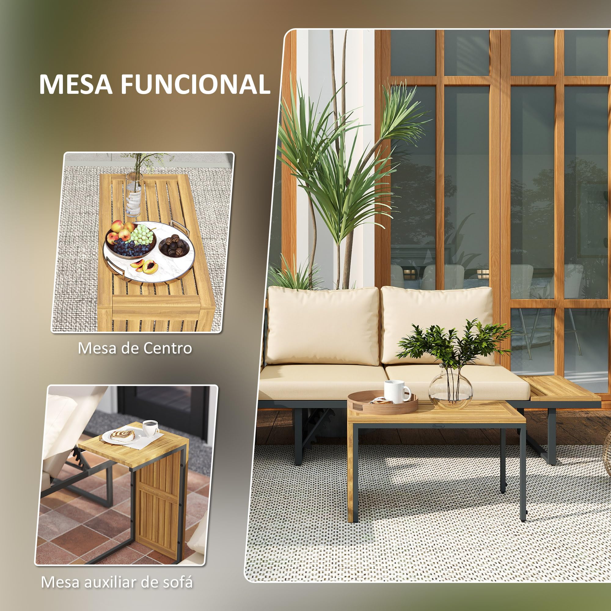 Outsunny Conjunto de Muebles Jardín Exterior Sofás de Exterior en Forma de L Tumbona con 2 Sofás de 3 Plazas Asiento Ajustable y Mesa de Madera de Acacia Versátil con Cojines Beige y Gris