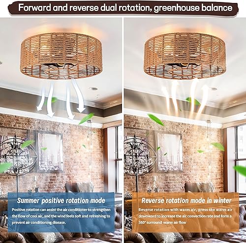 Miniatura 7 de Ventiladores de techo enjaulados con cuerda de cáñamo ligero, ventilador de techo bohemio de perfil bajo con luz y control remoto, ventiladores de