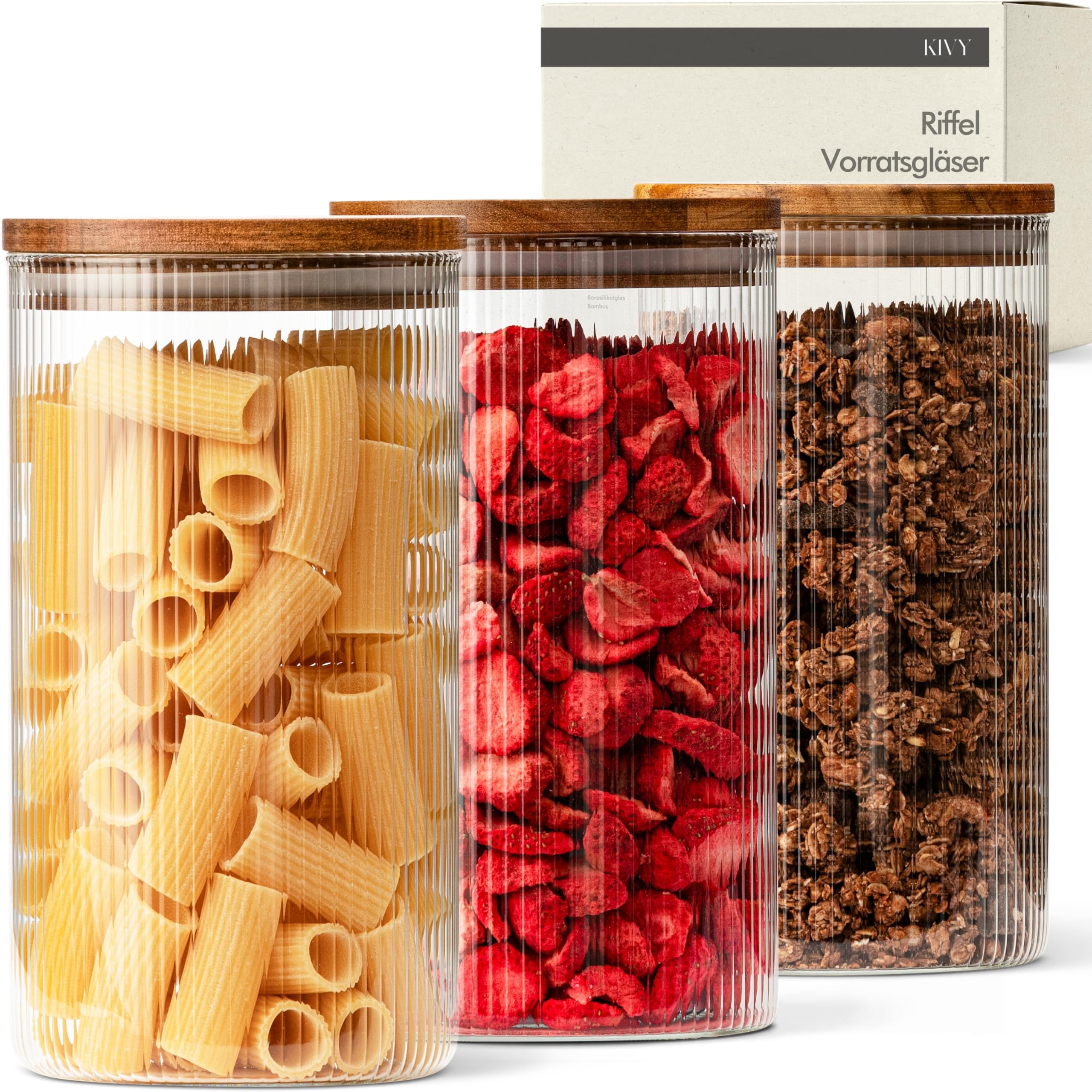 Kivy Transparent Riffel Airtight Storage Jars With Lid, 3 X 1200 Ml, Glass Storage Jars With Lid, Glass Container With Lid, Cereal Storage, Kitchen, Storage Jar With Wooden Lid, Glass Storage Container