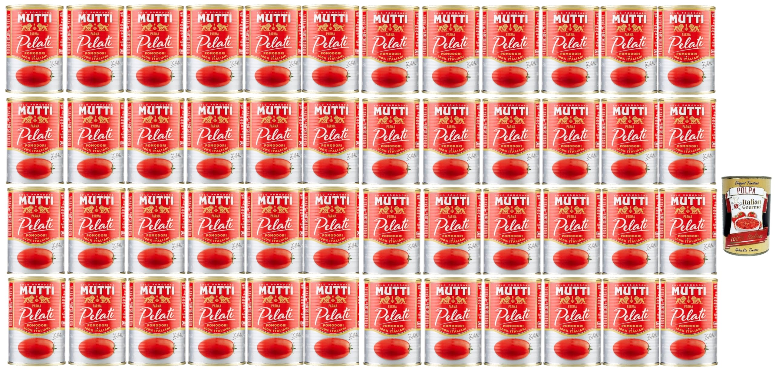 Italian Gourmet Pomodori Pelati geschälte Tomaten 48 x 400g Dose | Interi in salsa, gusto italiano; ideal für Saucen, Pizza und lange, Gesamtnettogewicht 19,2 kg + Kostenlos Polpa 400g