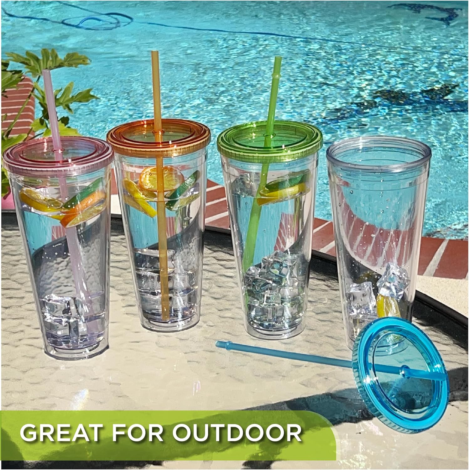 Lily's Home Insulated Tumbler Cups with Straws and Lids, Double Wall Clear Acrylic Plastic. Perfect for Iced Coffee, Hot Drinks, Water. BPA Free. Multicolor lids - 4 Pack (32 oz, Clear) - Image 2