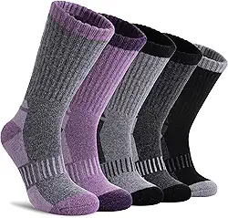 Meias femininas de lã merino para caminhadas térmicas quentes para botas de inverno meias de cano médio para trabalho e caminhada, 5 pares
