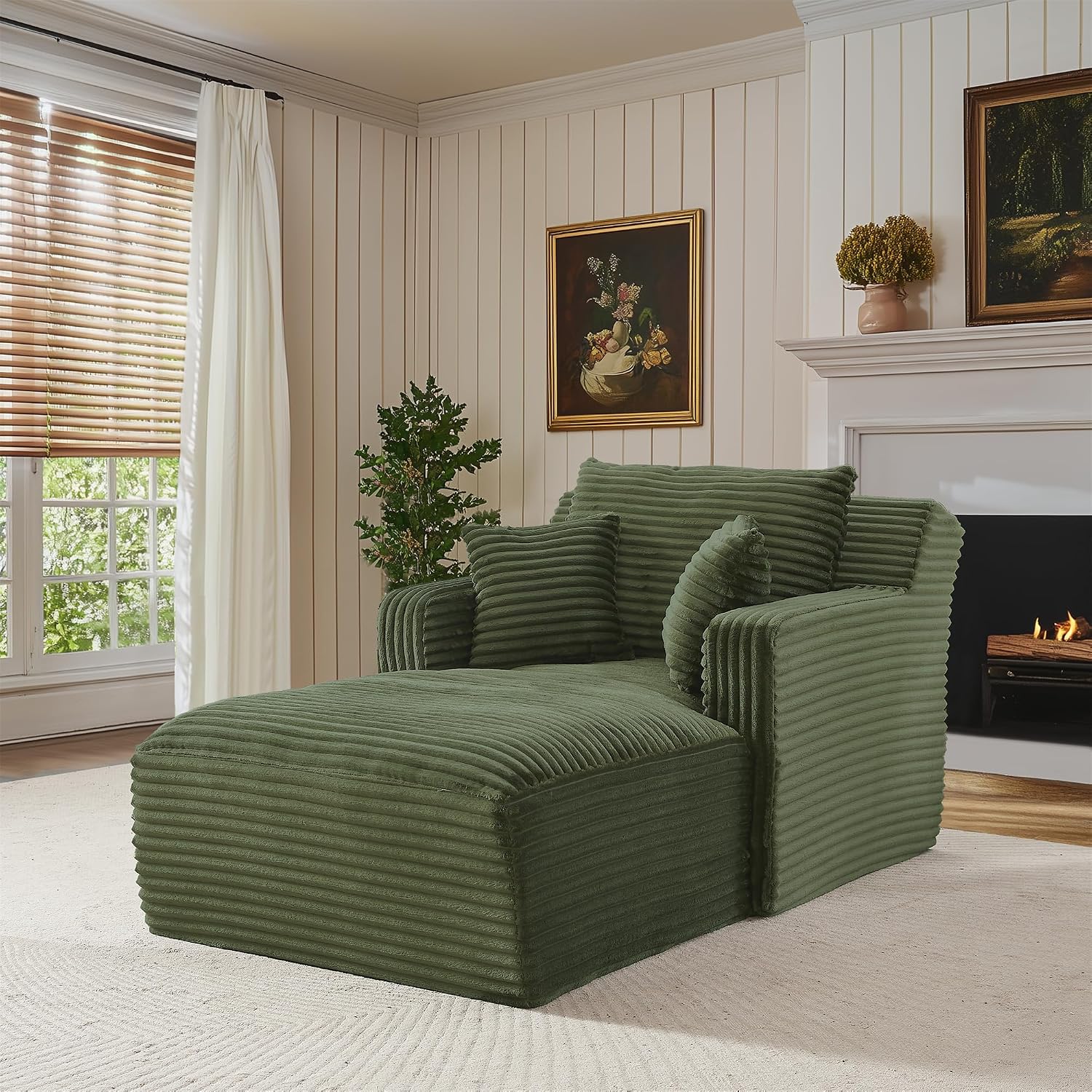Green Chaise Lounge Chair Indoor, 40" Plush Corduroy Boneless Sleeper Sofa Cloud Couch with Throw Pillows and Armrests, Modern Comfy Single Seat Floor Sofa Reading Chairs for Living Room, Bedroom