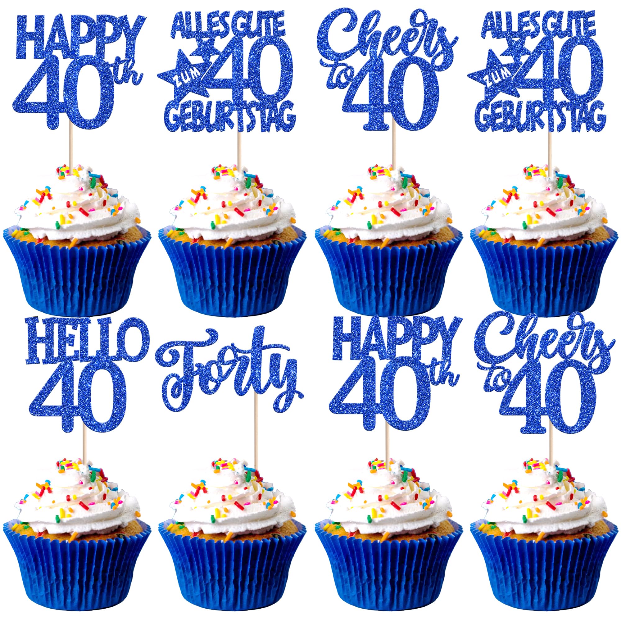 30 Stück 40th Geburtstag Tortendeko Alles Gute zum Geburtstag 40 Kuchen Deko Glitzer Forty Cupcake Toppers für Prost auf 40th Jahre Jahrestag Party Kuchen Dekorationen Blau