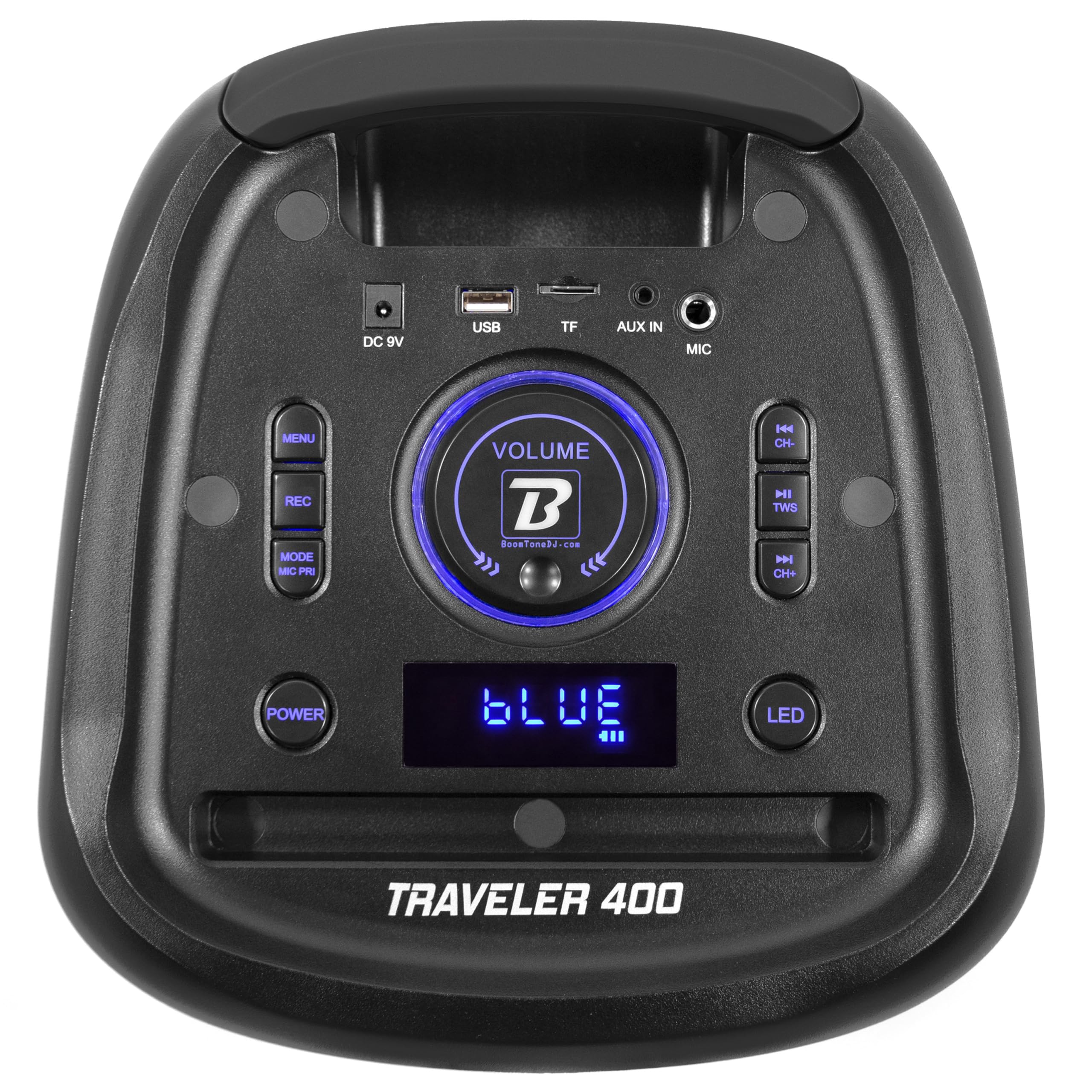 BoomTone DJ Traveler 400 Enceinte sur Batterie, idéale pour Les DJ Mobiles et Les fêtes privées, Bluetooth, lumière intégrée, USB/SD, Poignée de Transport télescopique.