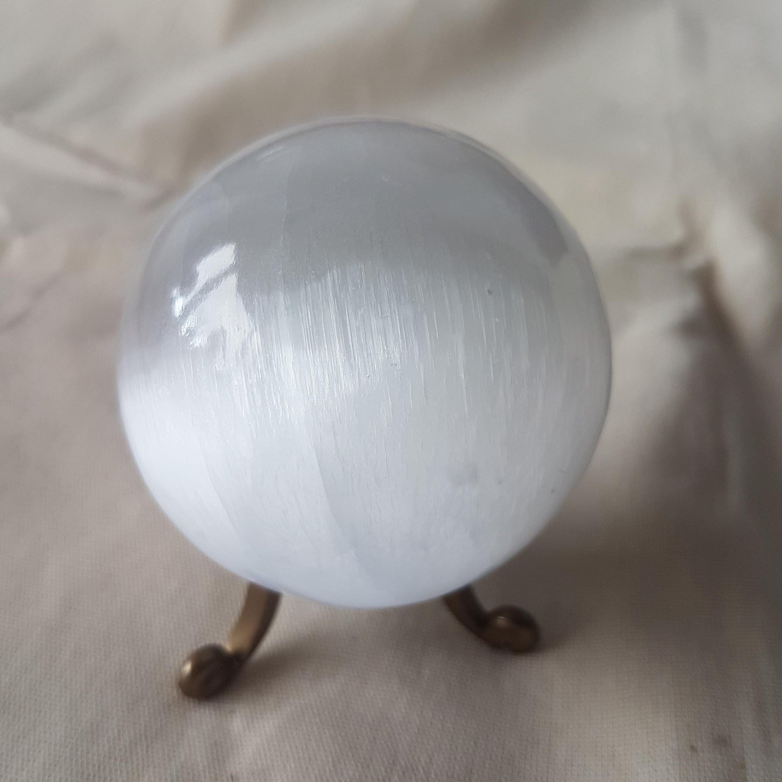 Selenite Polished Gemstone Sphere Crystal Ball 6cm for divination, scrying, relaxation, healing and spiritual works. High crown and crown chakras stone.