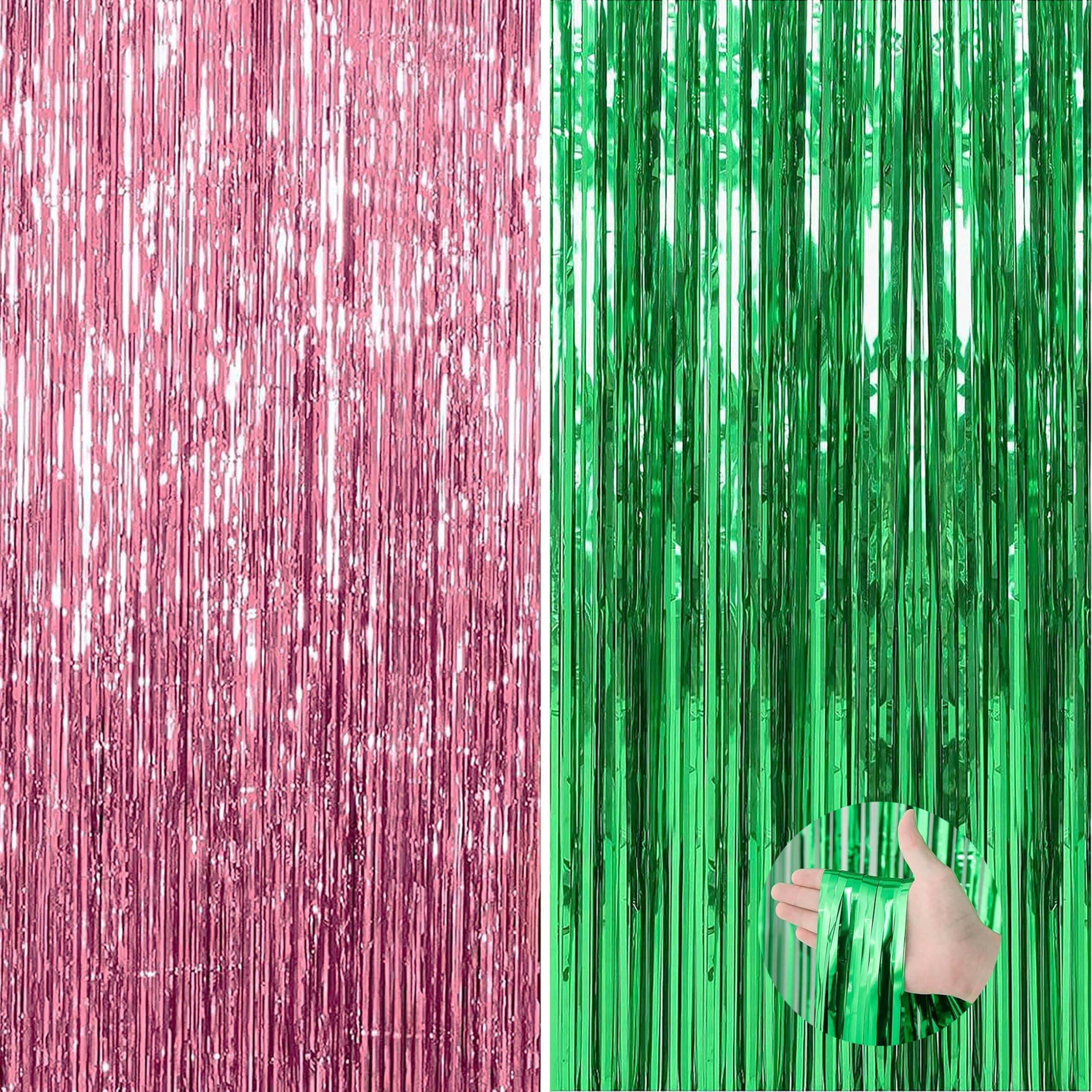 2pcs 3.28 x 8.2 Ft Green and Pink Glitter Streamers Backdrop Party Decoration Tinsel Foil Fringe Curtains for Witch Princess Themed Party Disco Cosplay Birthday Decor Supplies