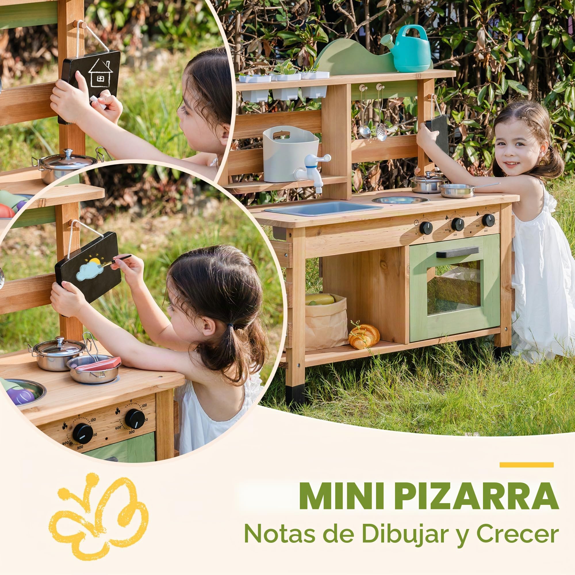 ROBUD Cocina de barro para niños al aire libre, cocina de juguete de madera con grifo auténtico, hervidor de agua, macetero, horno, pizarra, cocina infantil, regalo de madera para niñas y niños a
