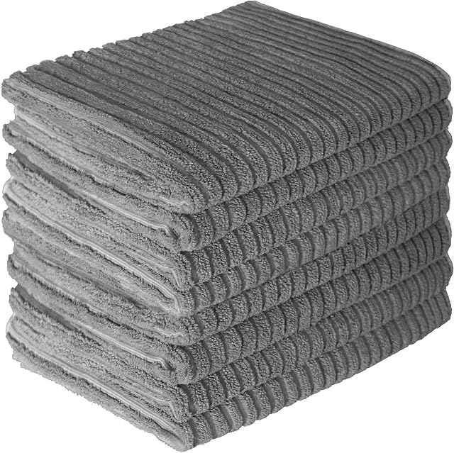 gryeer Microfibre Tea Towels, Super Absorbent, Soft and Thick Kitchen Towels, One Side Ribbed One Side Smooth, 45x65cm, Pack of 8, Grey