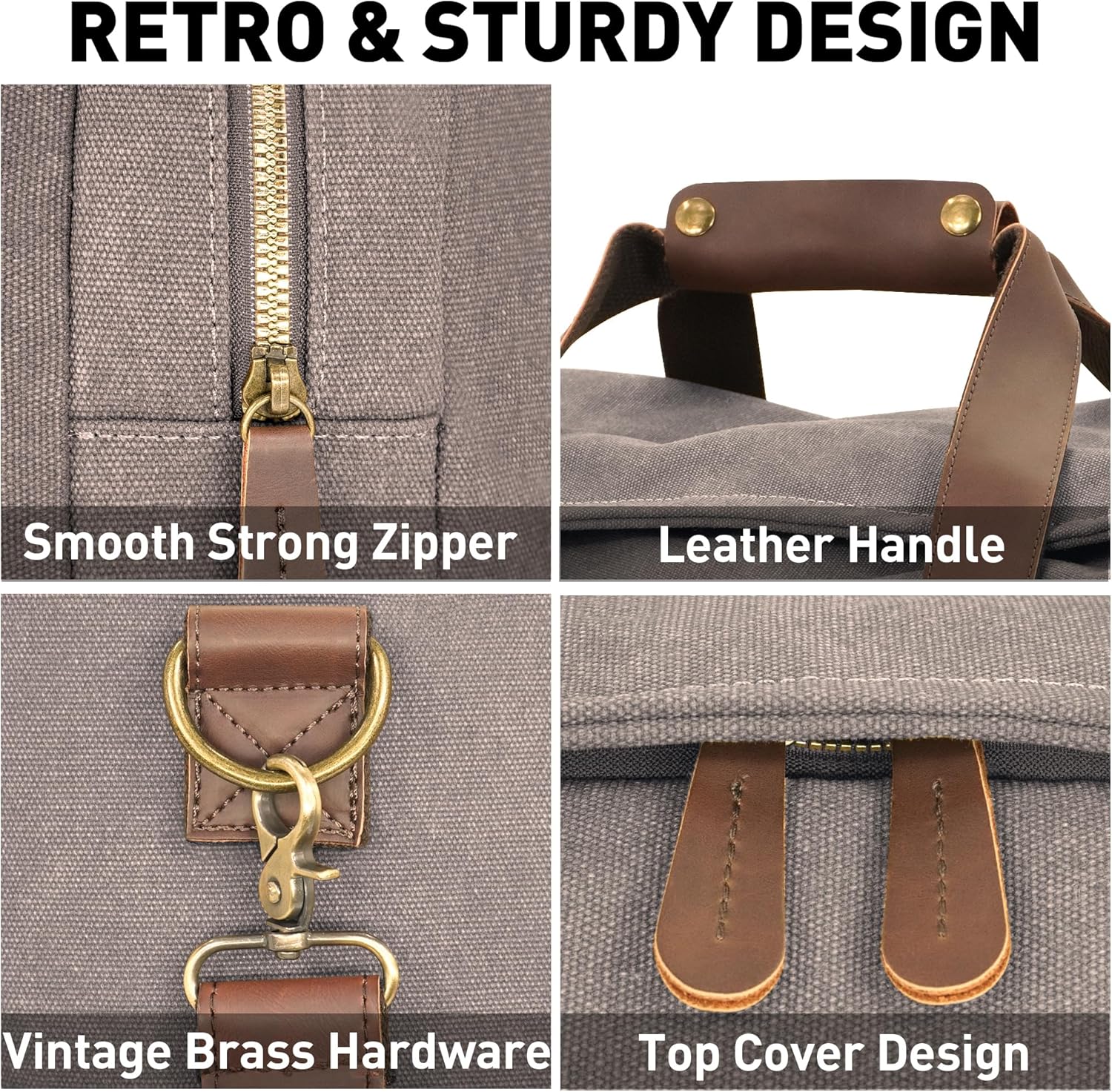 Vintage Canvas Duffle Bag, 50L Genuine Leather Travel Duffel Backpack Multifunctional Overnight Weekender Bag with Shoes Compartment Men (Grey) - Image 5