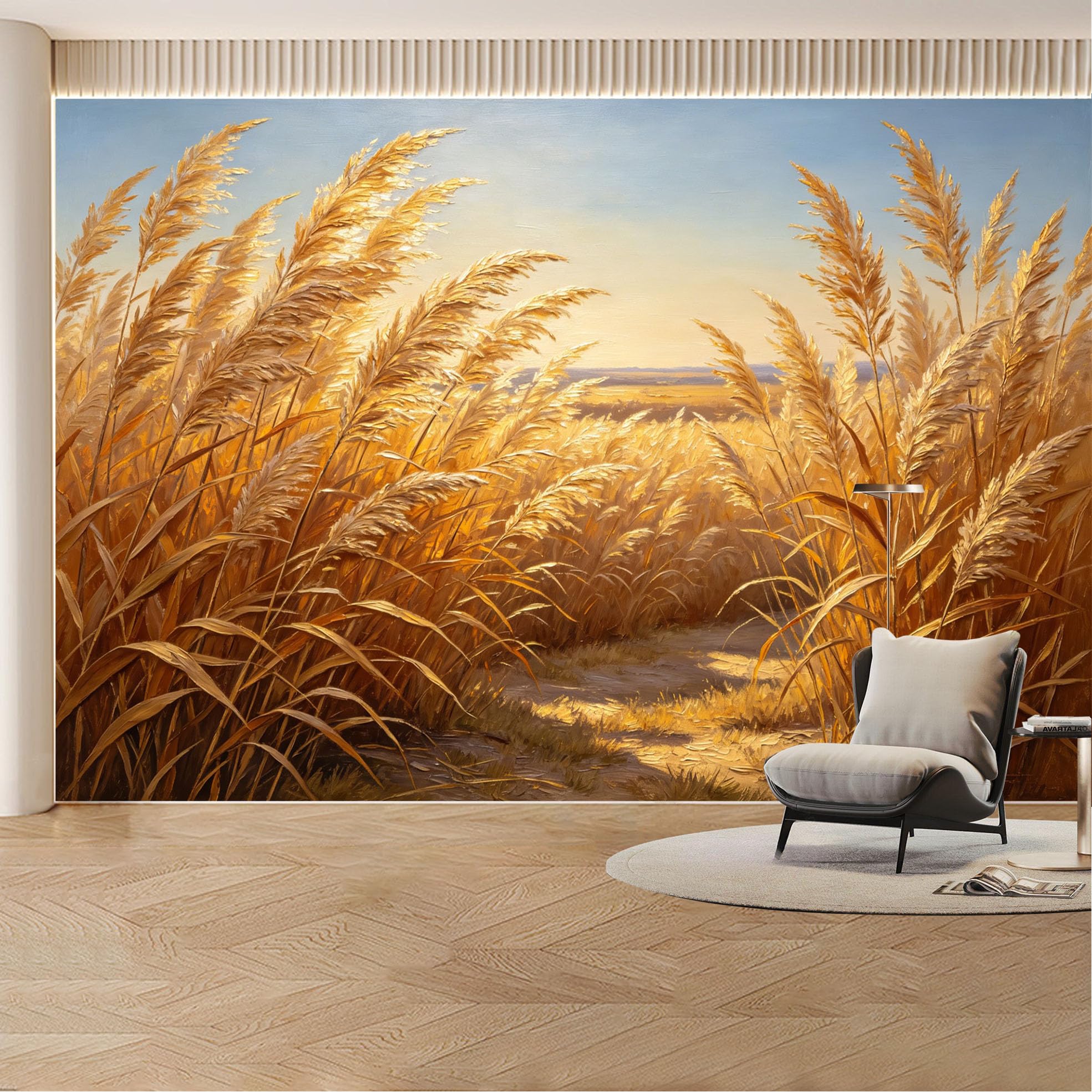 Custom Wall Mural Wallpaper Golden Wheat Field Landscape Nature Large Wall Art Boho Sunset Removable SelfAdhesive Large Photo for Living Room， Bedroom， Office