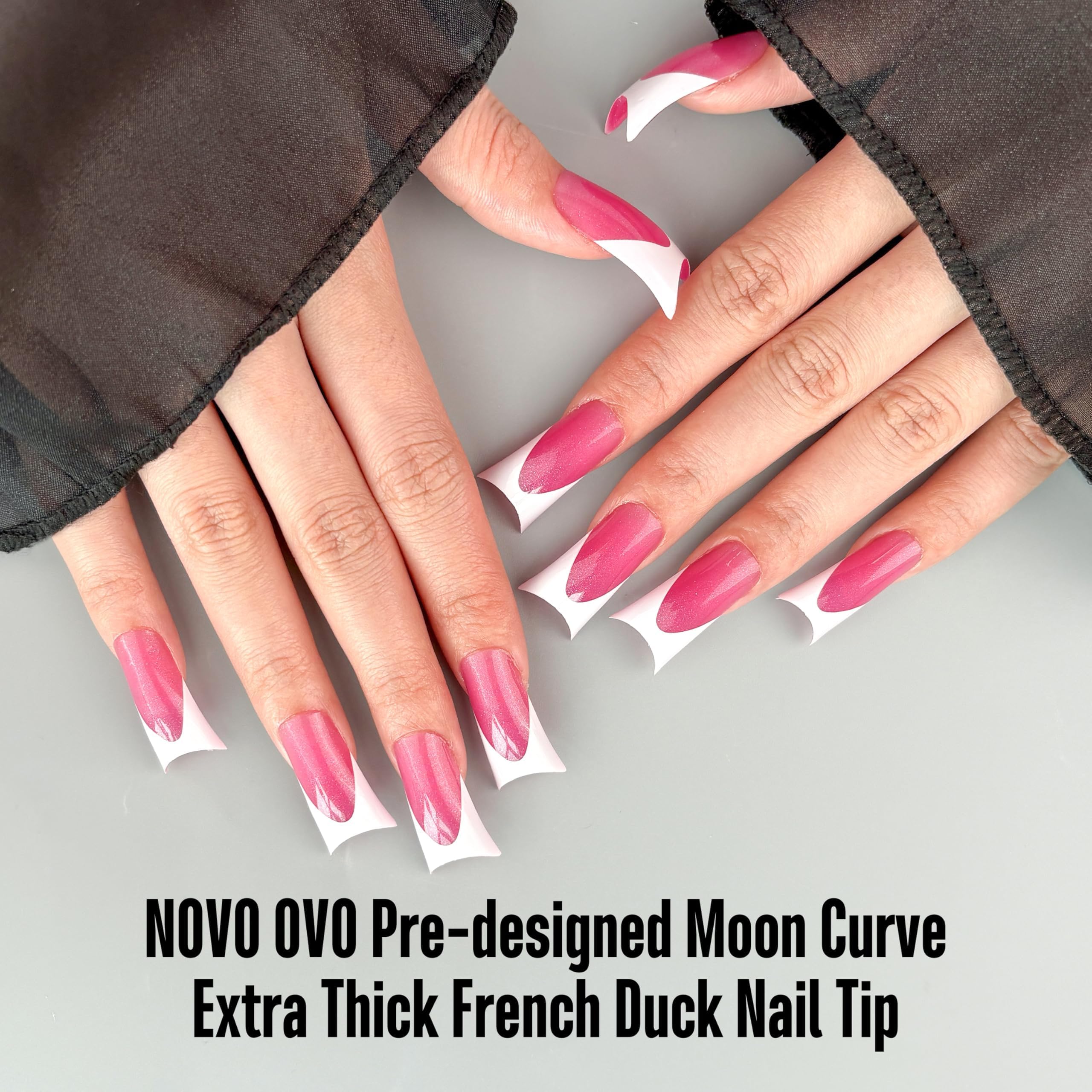 NOVO OVO Halloween Duck Nail White French Tips Press On ROSE PINK with Glitter, Full Cover Acrylic with Moon Curve - Image 2